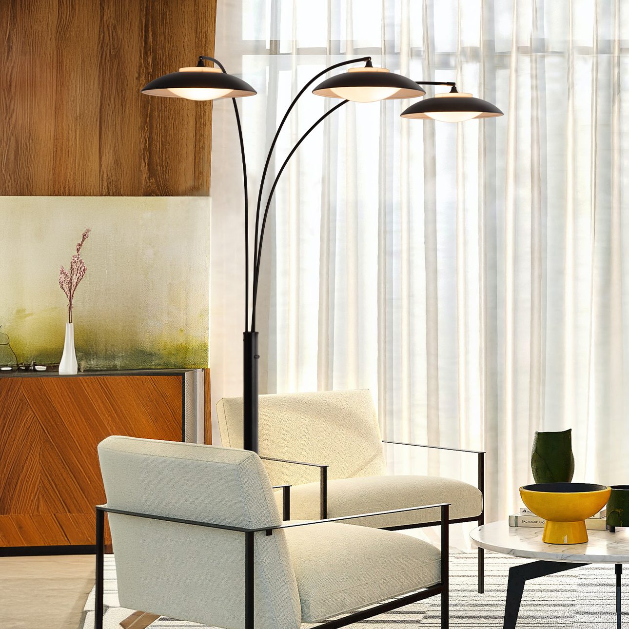 Saucer Three Light Arc Floor Lamp in Matte Black
