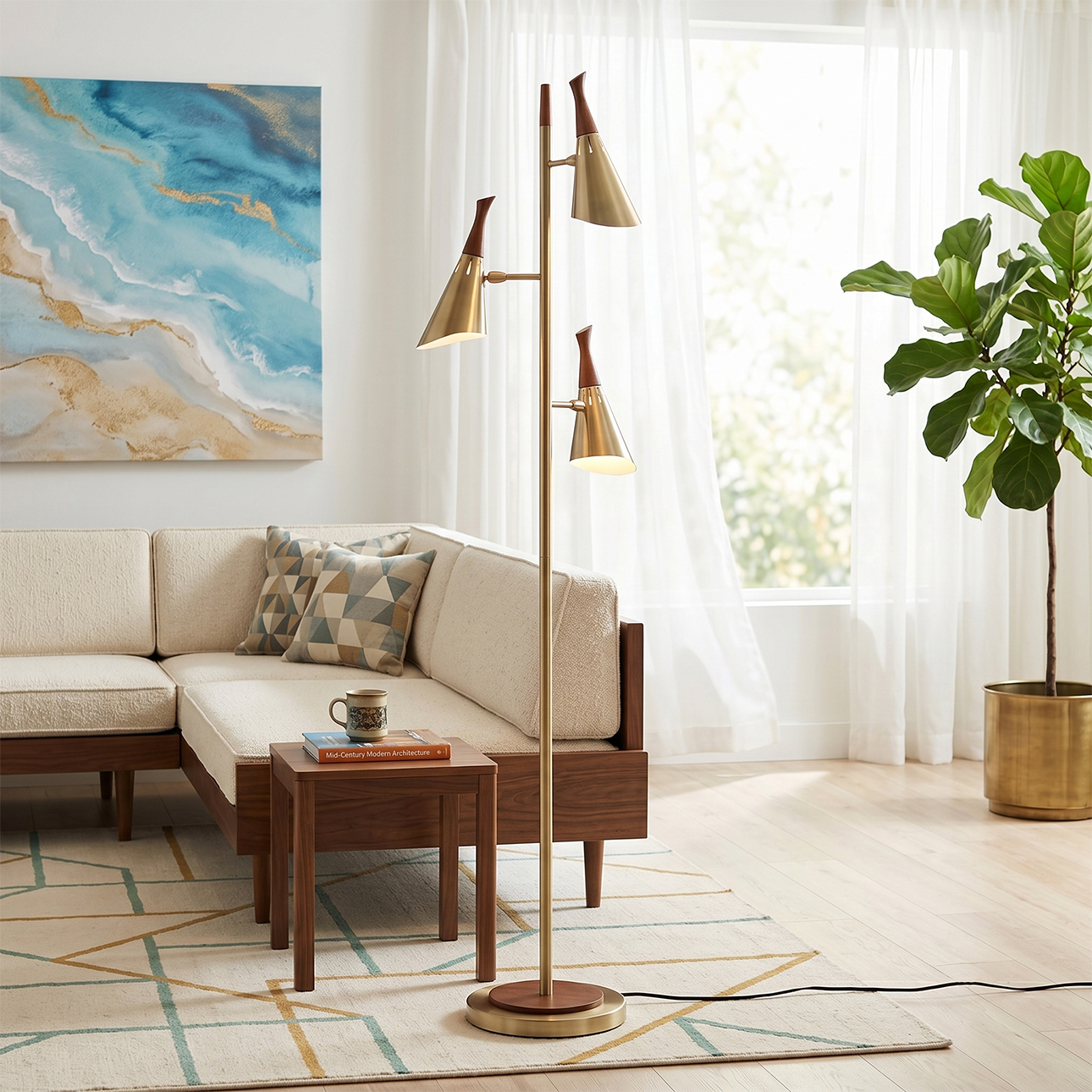 Encinitas 3-Light Tree Floor Lamp - Weathered Brass, Wood Shade Detail with shade dimmer switch in wood shade detail+bulbs included (3) (GM to specifiy lamping specifications)