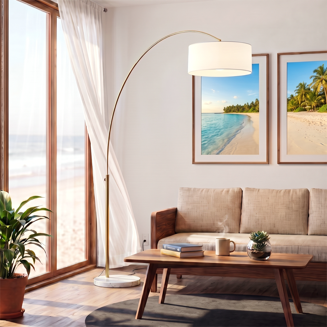 Float 92″H 1-Light Arc Lamp, Drum White Linen Shade, Weathered Brass Steel Body, White Marble Base, Column Stem Switch