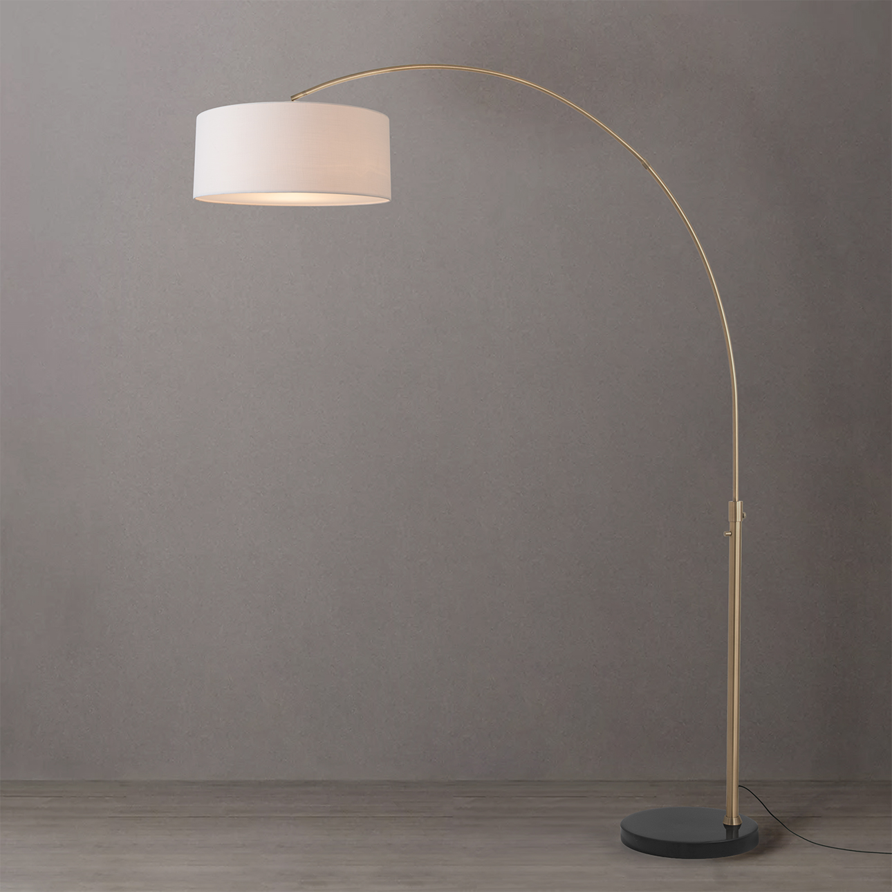 Float 92" Arc Floor Lamp, Drum White Linen Shade, Weathered Brass Steel Body, Black Marble Base, Column Stem Switch