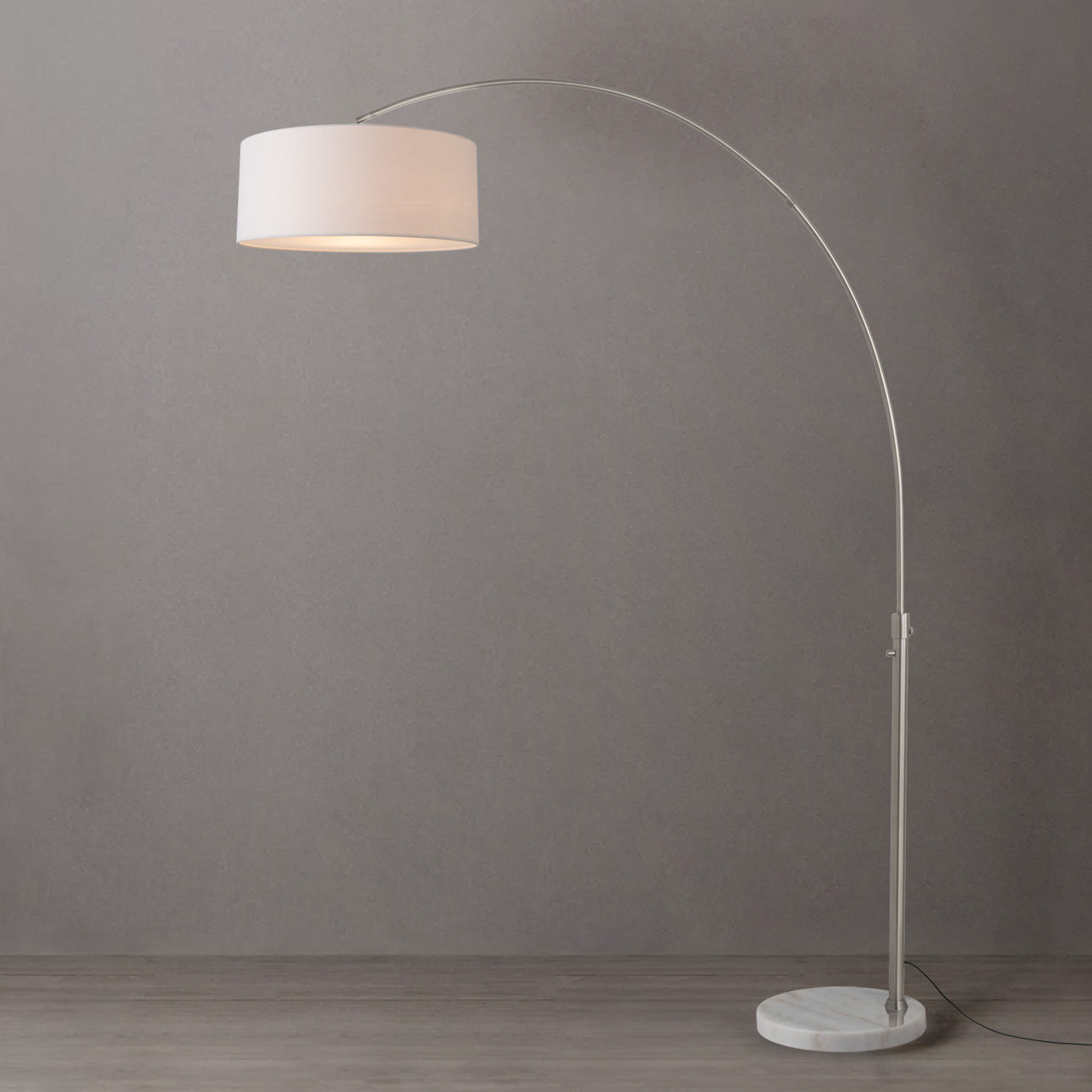 Float 92″H 1-Light Arc Lamp, Drum White Linen Shade, Satin Nickel Steel Body, White Marble Base, Column Stem Switch