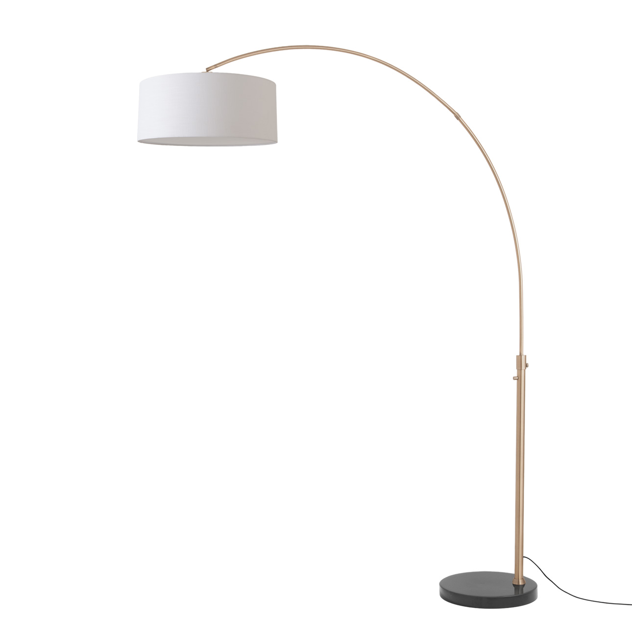 Float 92″ Arc Floor Lamp, Drum White Linen Shade, Weathered Brass Steel Body, Black Marble Base, Column Stem Switch