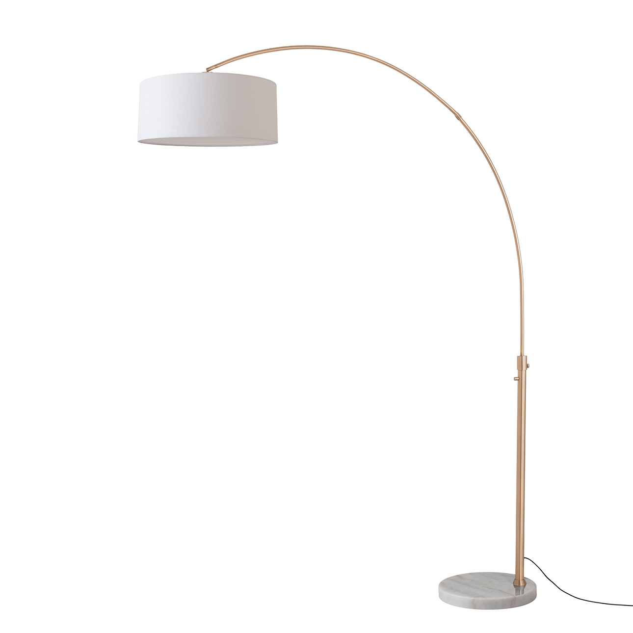Float 92"H 1-Light Arc Lamp, Drum White Linen Shade, Weathered Brass Steel Body, White Marble Base, Column Stem Switch