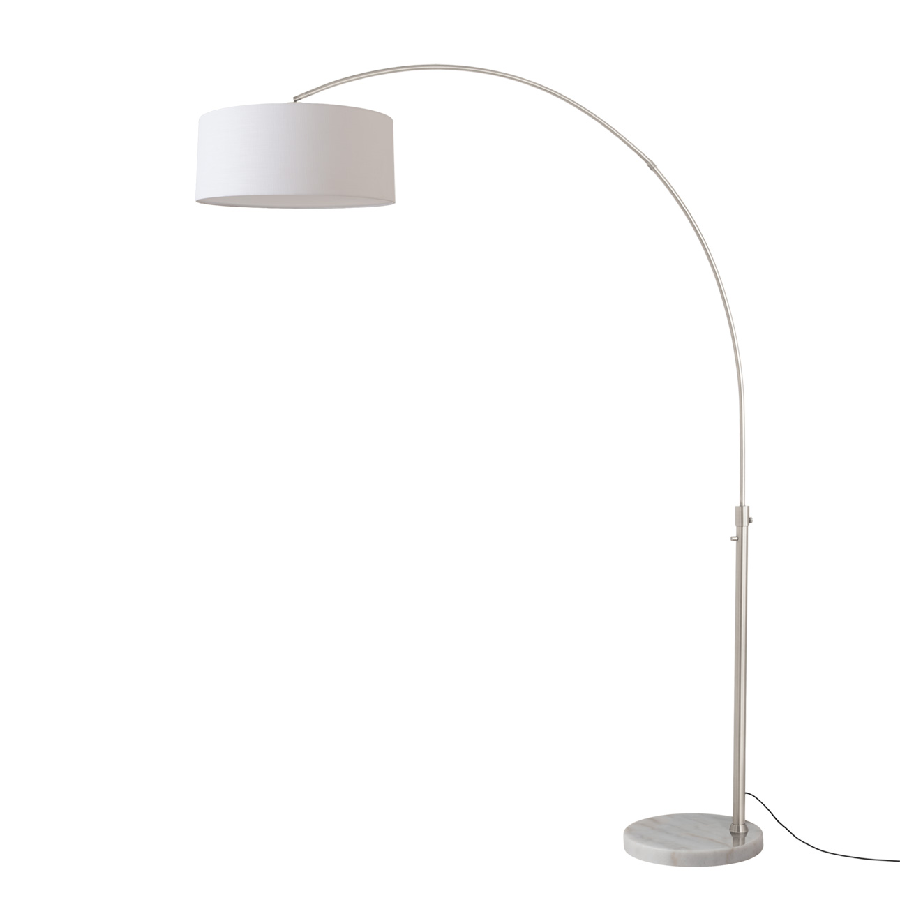 Float 92″H 1-Light Arc Lamp, Drum White Linen Shade, Satin Nickel Steel Body, White Marble Base, Column Stem Switch