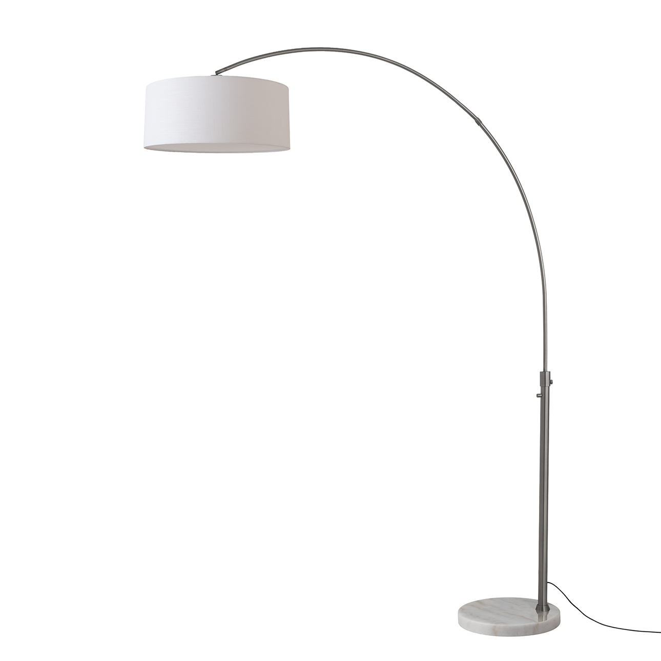 Float 92"H 1-Light Arc Lamp, Drum White Linen Shade, Black Nickel Steel Body, White Marble Base, Column Stem Switch