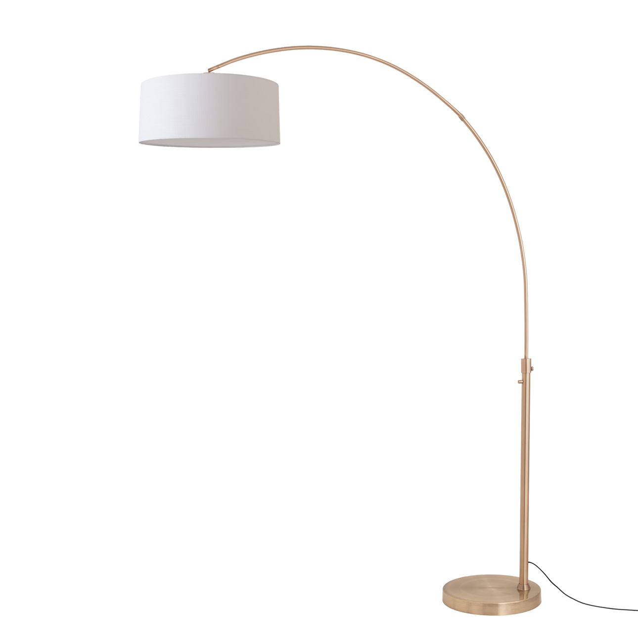 Float 92"H 1-Light Arc Lamp, Drum White Linen Shade, Weathered Brass Steel Body, Weathered Brass Steel Base, Column Stem Switch