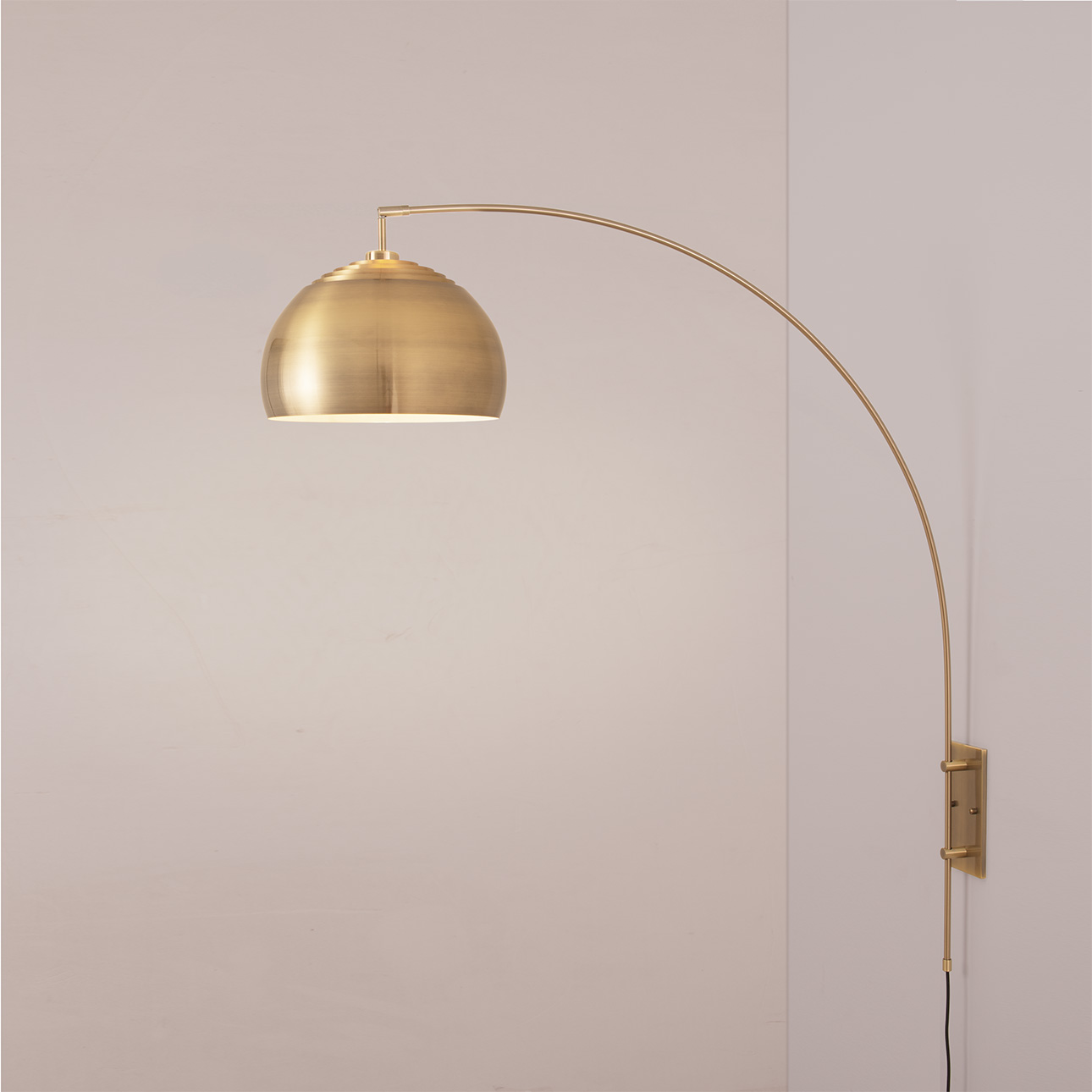 Half Dome Wall Mounted Arc Lamp, Drum White Linen Shade, Weathered Brass Steel Body, Brass Steel Base, Floor Foot Slide Dimmer
