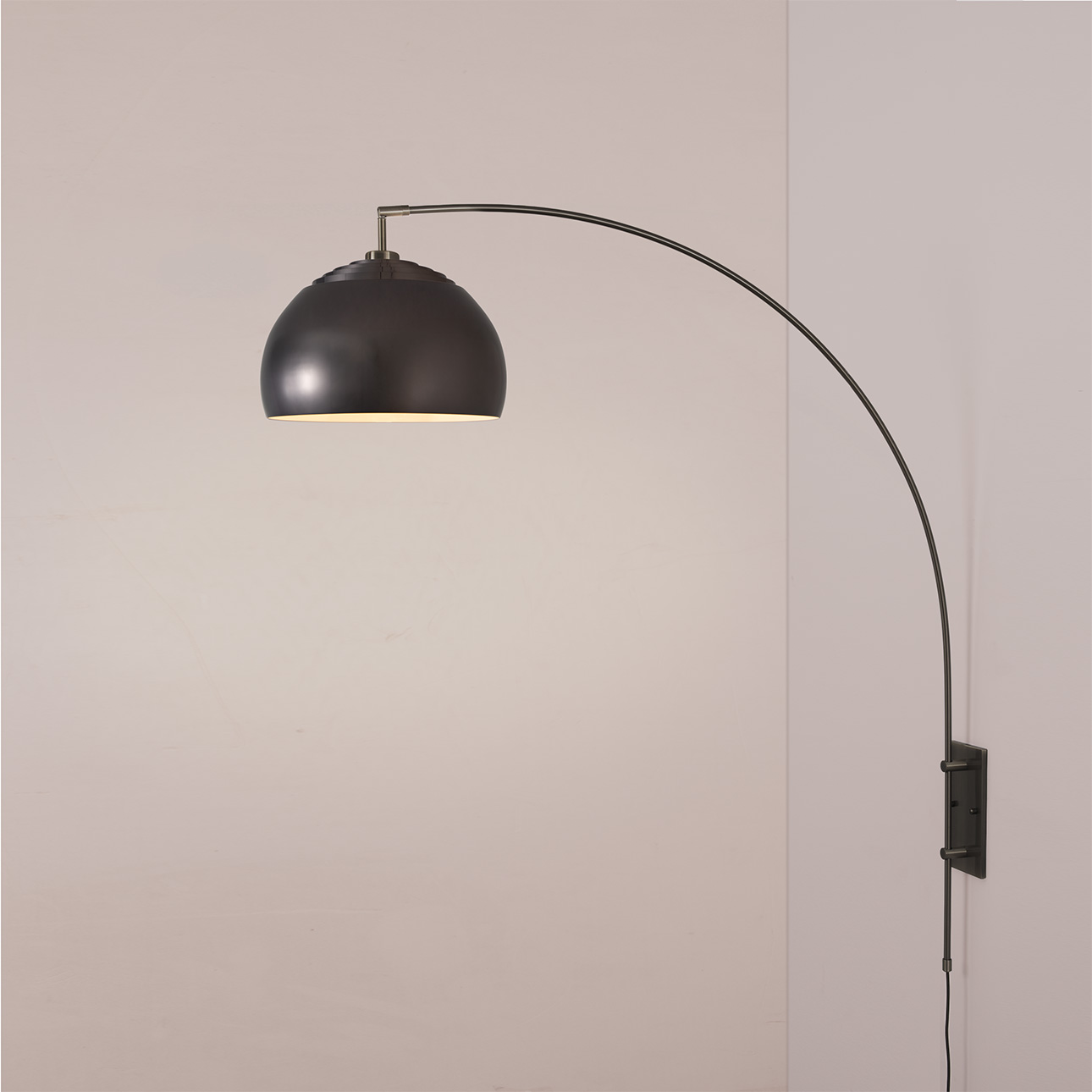 Half Dome Wall Mounted Arc Lamp, Black Nickel Steel Shade, Black Nickel Steel Body, Black Nickel Steel Base, Floor Foot Slide Dimmer