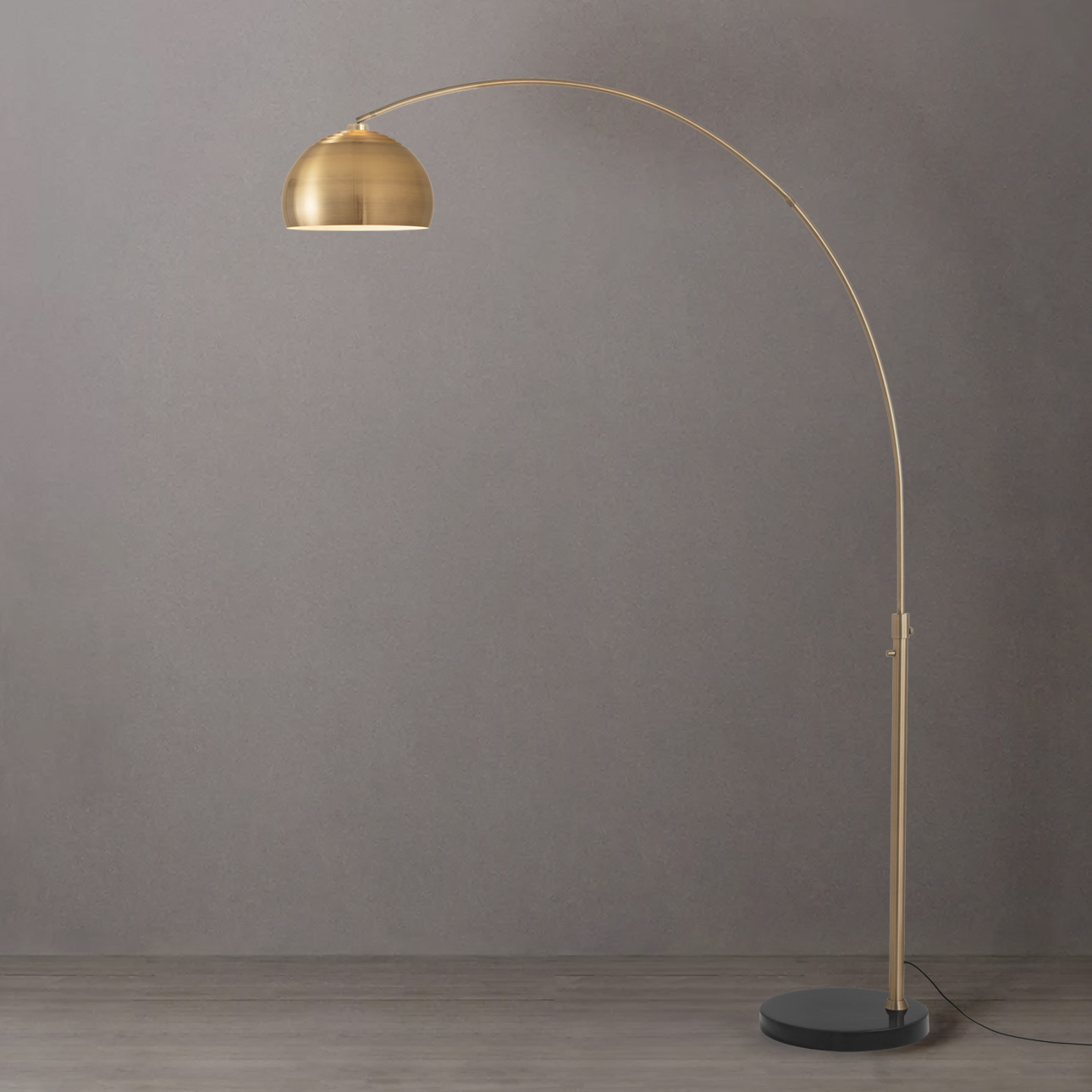 Float Half Dome 92″H 1-Light Arc Lamp, Weathered Brass Steel Shade, Weathered Brass Steel Body, Black Marble Base, Column Stem Switch