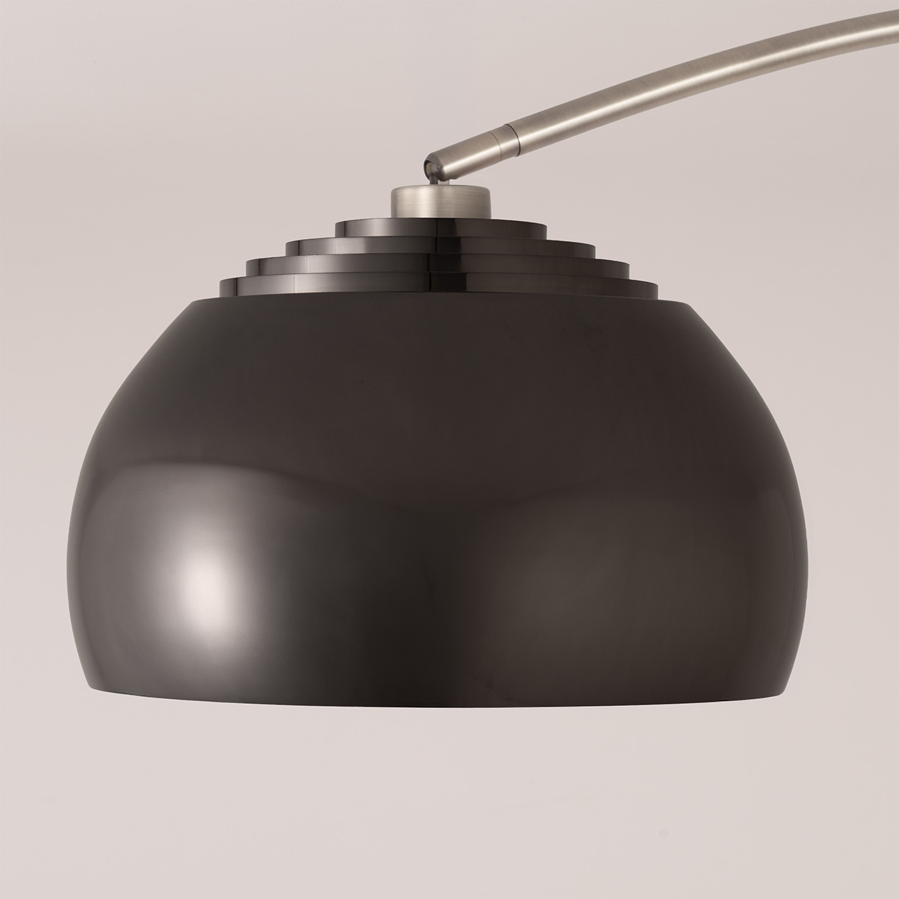 Half Dome Wall Mounted Arc Lamp, Drum White Linen Shade, Black Nickel Steel Body, Satin Nickel Steel Base, Floor Foot Slide Dimmer