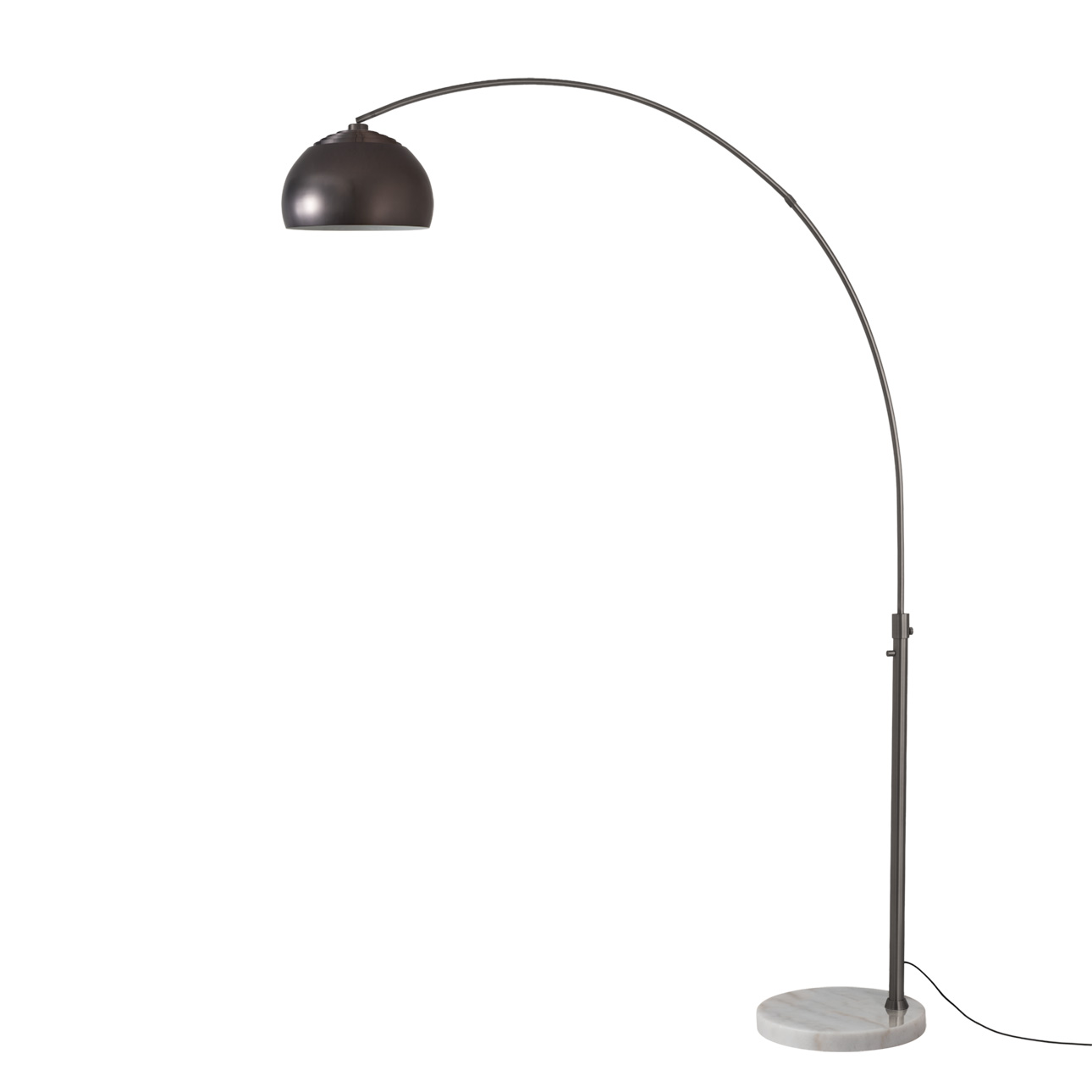 Half Dome 92″H 1-Light Arc Lamp, Black Nickel Steel Shade, Black Nickel Steel Body, White Marble Base, Column Stem Switch