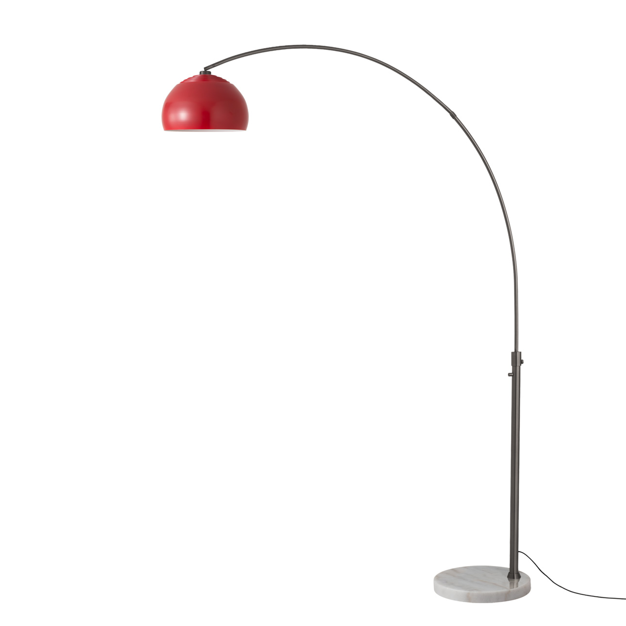 Float Half Dome 92"H 1-Light Arc Lamp,  Crimson Red Steel Shade, Black Nickel Steel Body, White Marble Base, Column Stem Switch