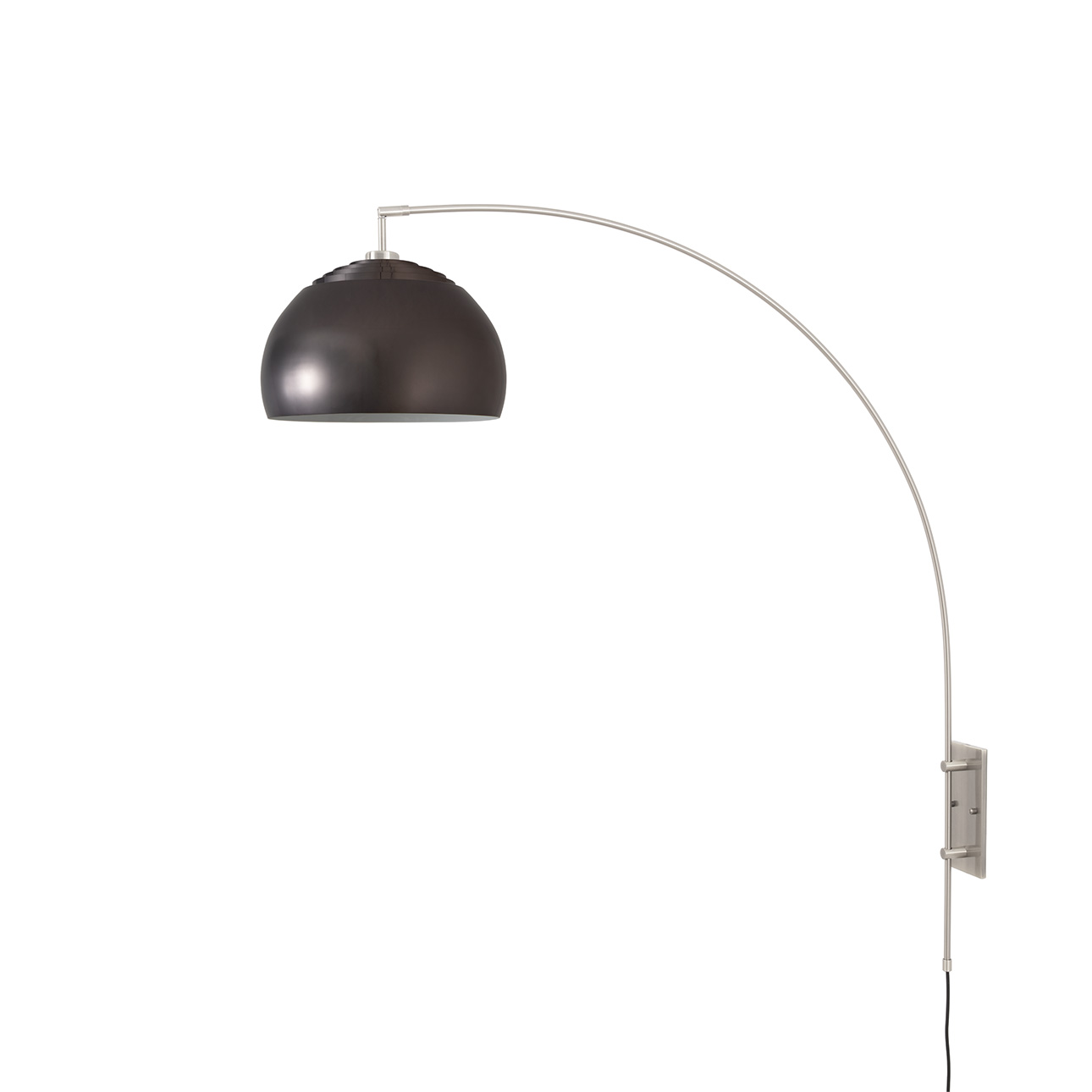 Half Dome Wall Mounted Arc Lamp, Drum White Linen Shade, Black Nickel Steel Body, Satin Nickel Steel Base, Floor Foot Slide Dimmer
