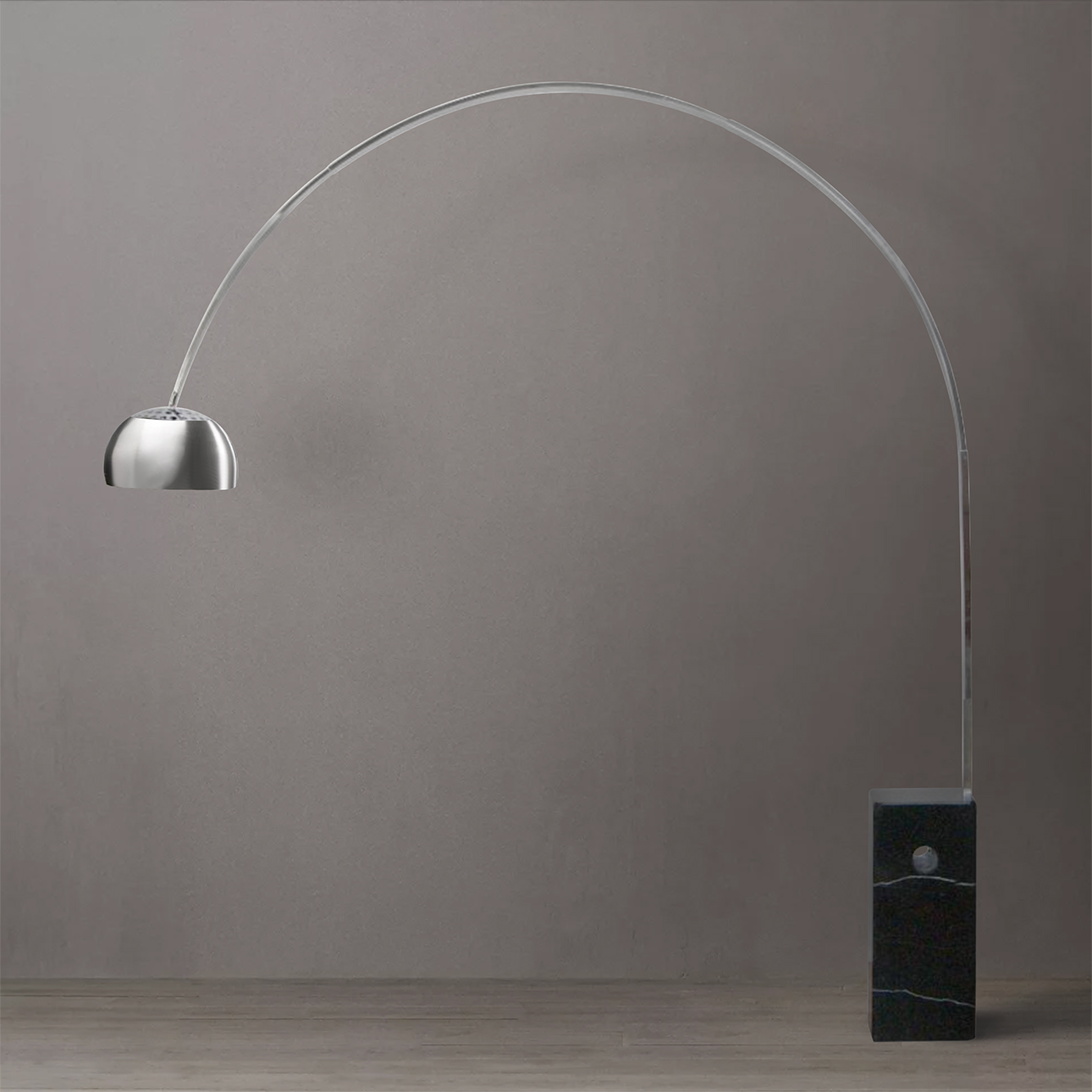 Iconic 95" Black Marble Block Base Arc Floor Lamp with Adjustable Shade in Satin Nickel Finish