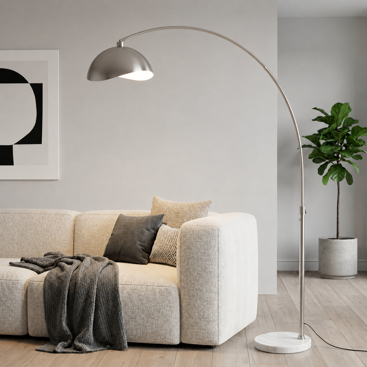Luna Bella 92″H 1-Light Arc Lamp, Satin Nickel/White Steel Shade, Satin Nickel Steel Body, White Marble Base, Column Stem Switch