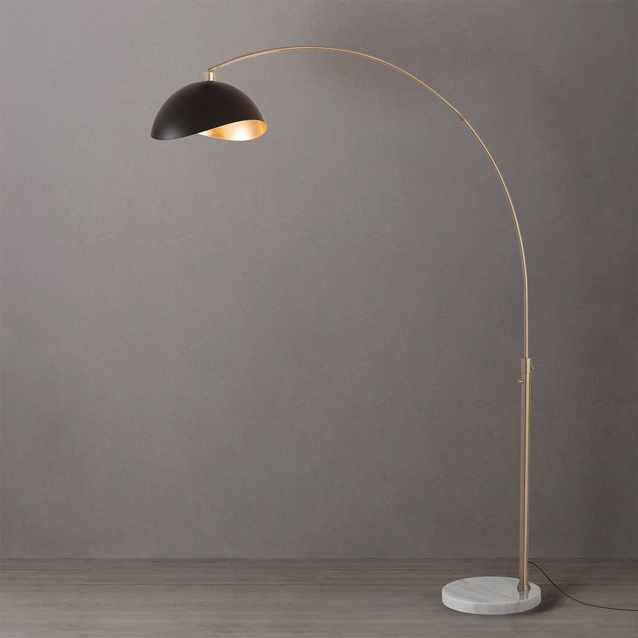 Float Luna Bella 92"H 1-Light Arc Lamp, matte Black/Gold Steel Shade, Weathered Brass Steel Body, White Marble Base, Column Stem Switch