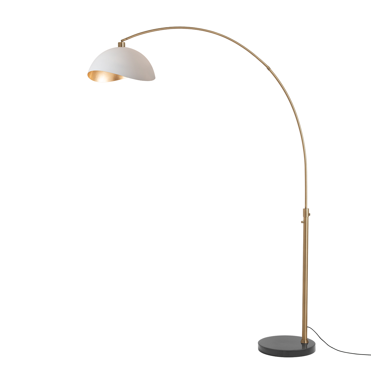 Luna Bella 92″H 1-Light Arc Lamp, Matte White/Gold Steel Shade, Weathered Brass Steel Body, Black Marble Base, Column Stem Switch