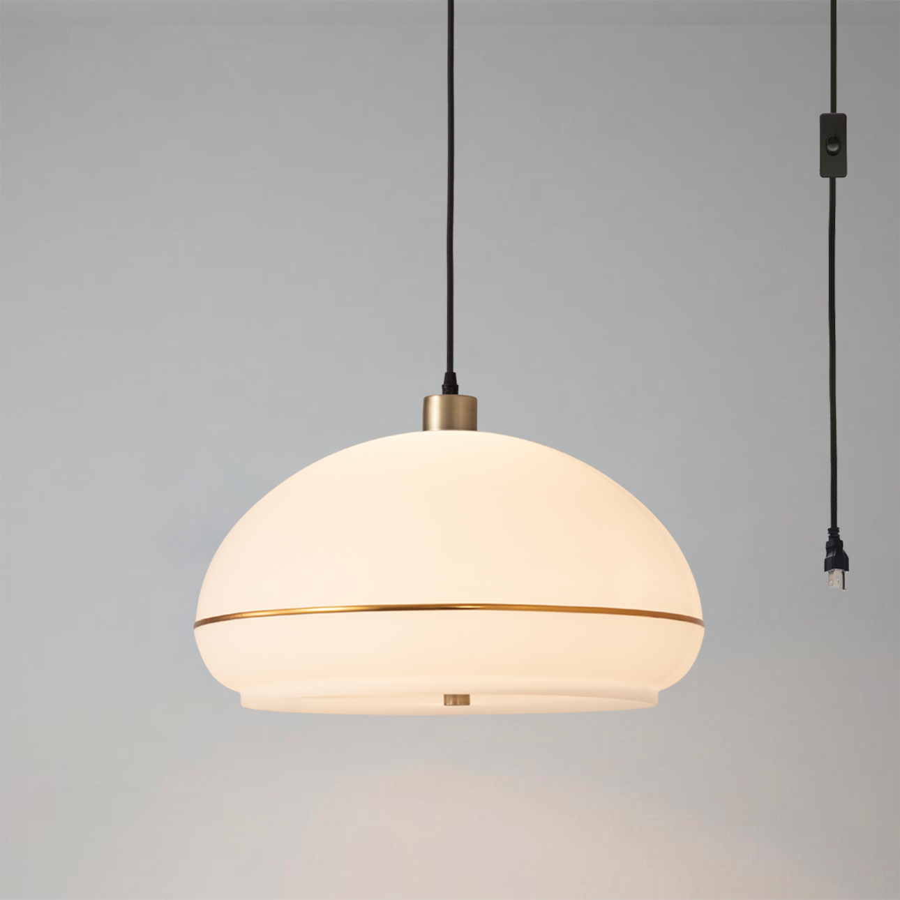 Morelli Swag Lamp, Oval White Lucite Shade, Weathered Brass Steel Body, Weathered Brass Steel Base, Inline Dimmer