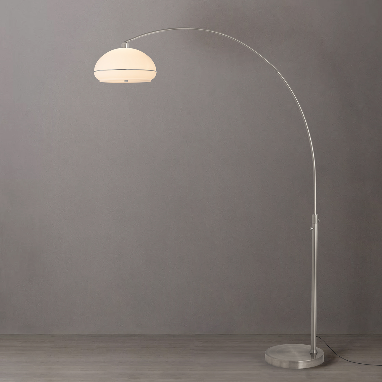 Simple Morelli 85″H 1-Light Arc Lamp, Satin Nickel Lucite Shade, Satin Nickel Steel Body, Satin Nickel Steel Base, Column Stem Switch