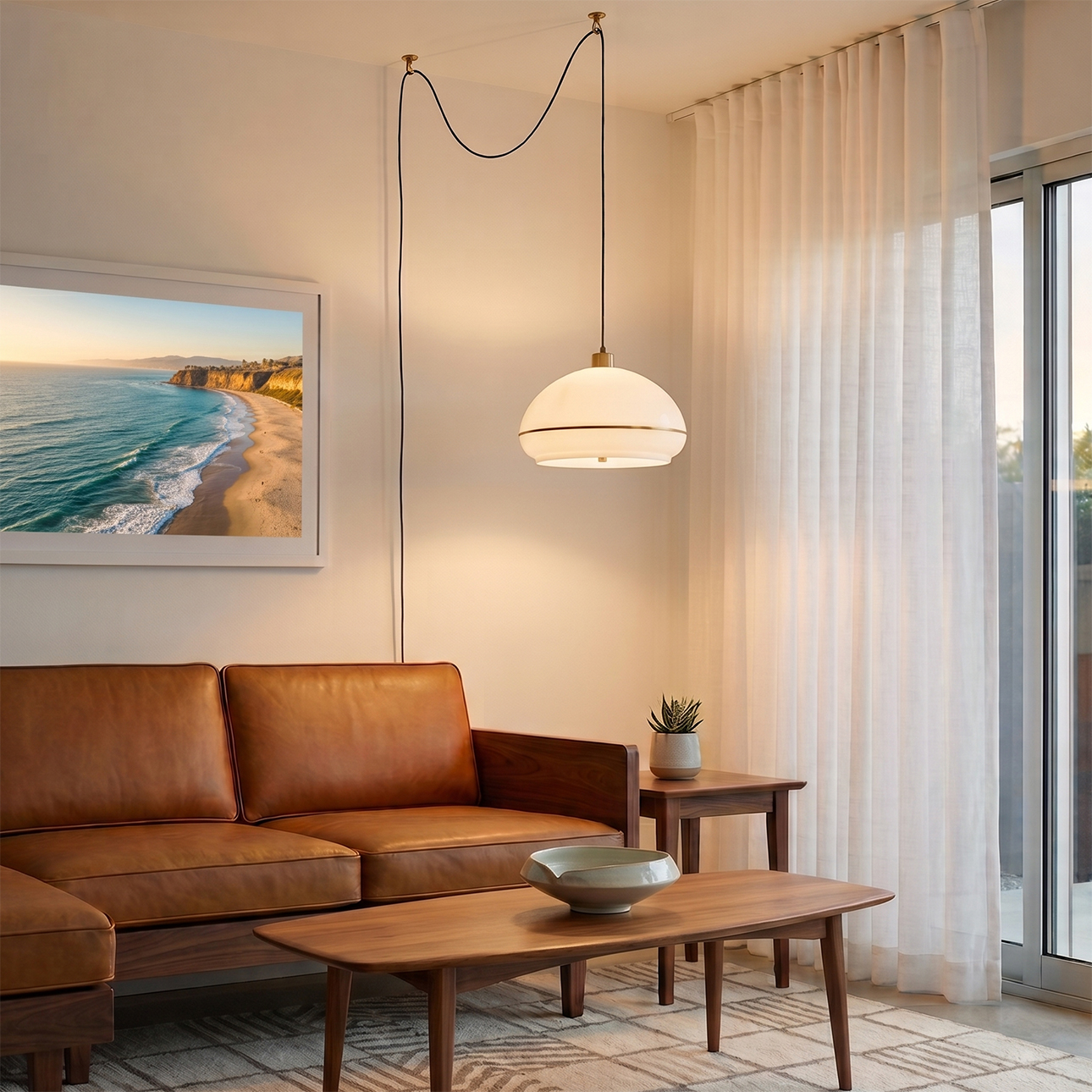 Morelli Swag Lamp, Oval White Lucite Shade, Weathered Brass Steel Body, Weathered Brass Steel Base, Inline Dimmer