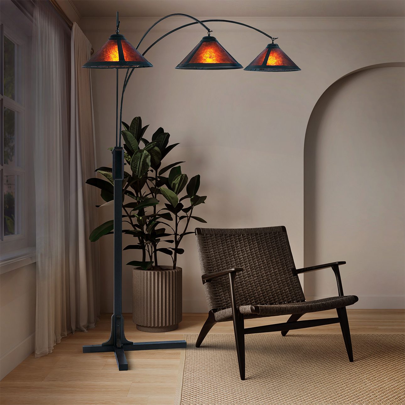 Original Natural Mica 3 Light Arc Floor Lamp - Espresso Wood