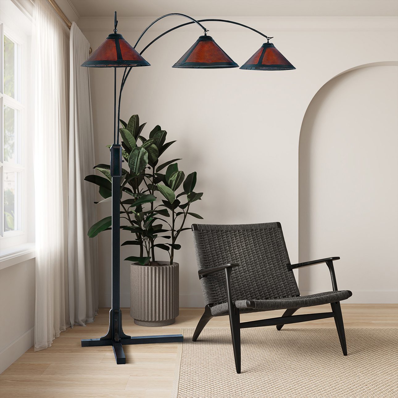Original Natural Mica 3 Light Arc Floor Lamp - Espresso Wood