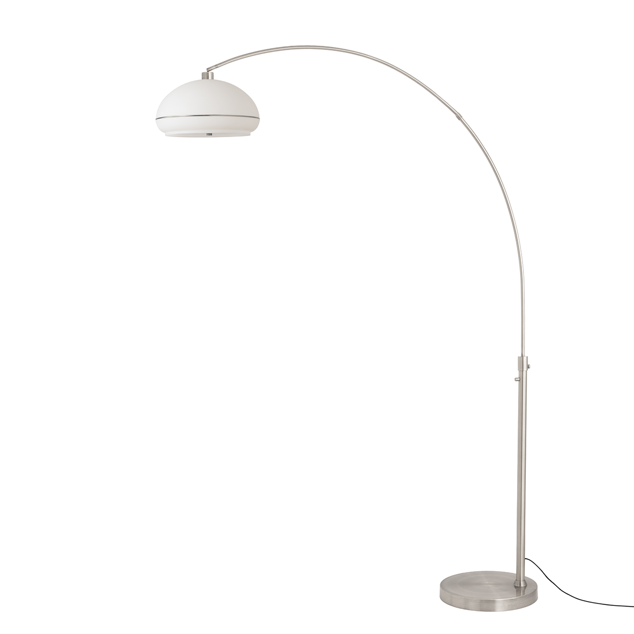 Simple Morelli 85"H 1-Light Arc Lamp, Satin Nickel Lucite Shade, Satin Nickel Steel Body, Satin Nickel Steel Base, Column Stem Switch