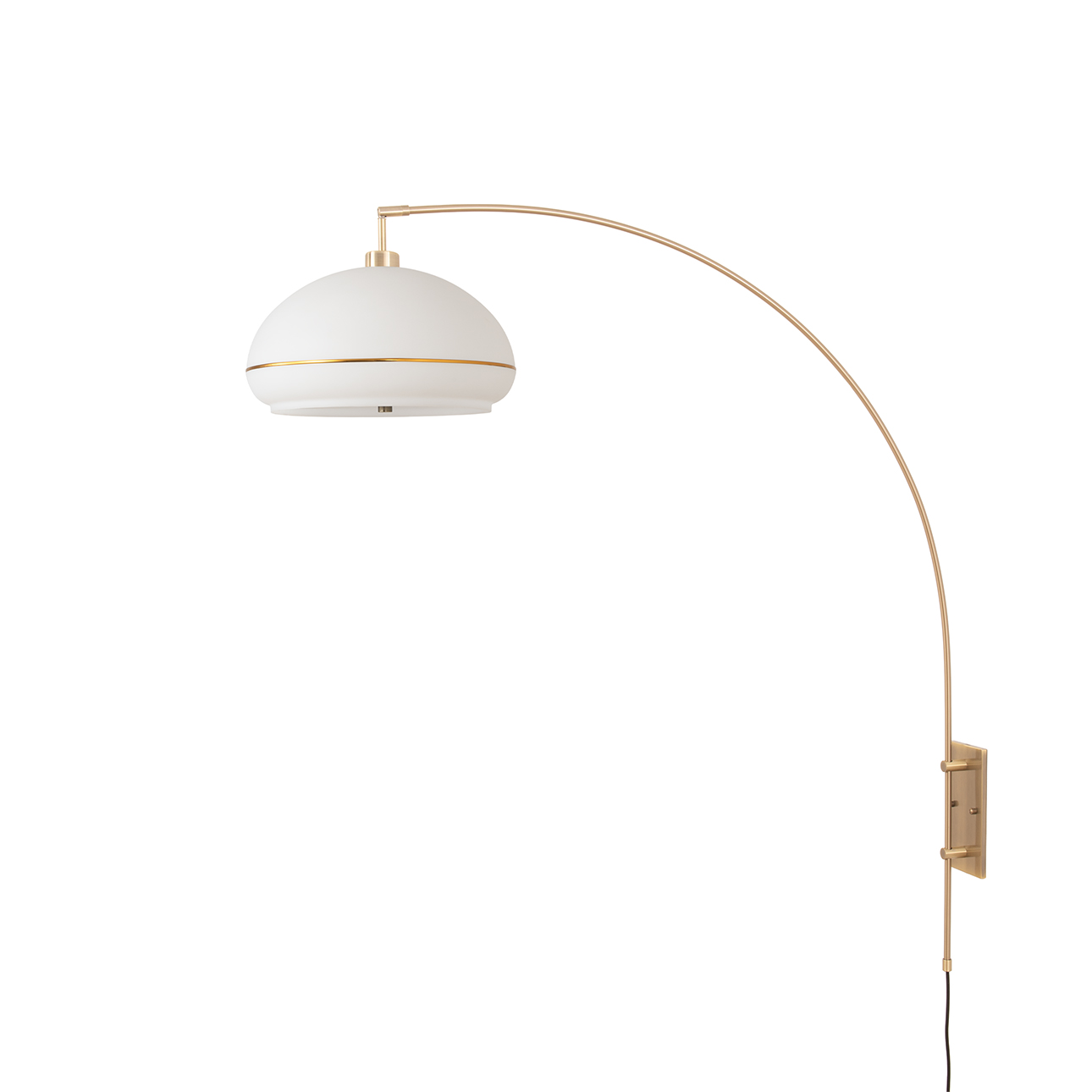 Morelli Wall Mounted Arc Lamp, Drum White Lucite Shade, Weathered Brass Steel Body, Brass Steel Base, Floor Foot Slide Dimmer