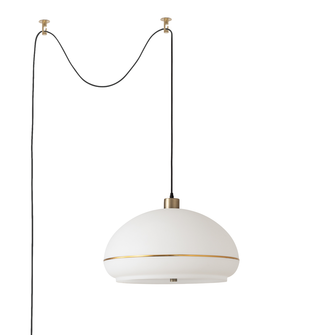 Morelli Swag Lamp, Oval White Lucite Shade, Weathered Brass Steel Body, Weathered Brass Steel Base, Inline Dimmer