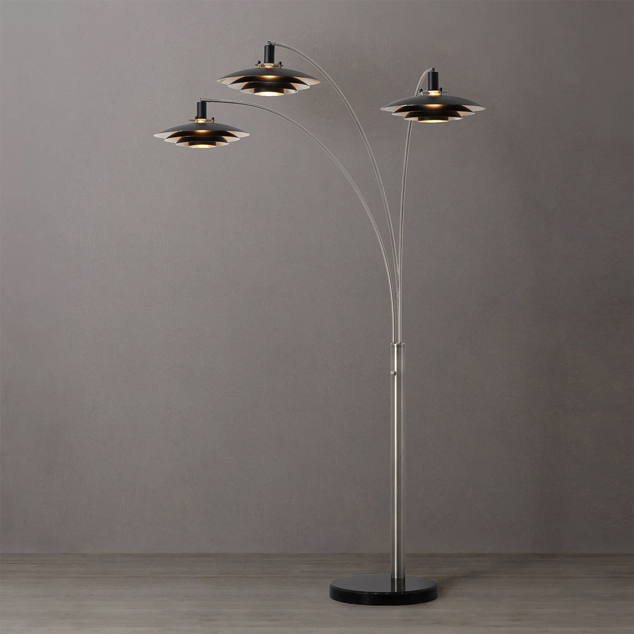 Rancho Mirage Three Light Arc Floor Lamp in Antique Nickel Black Silver