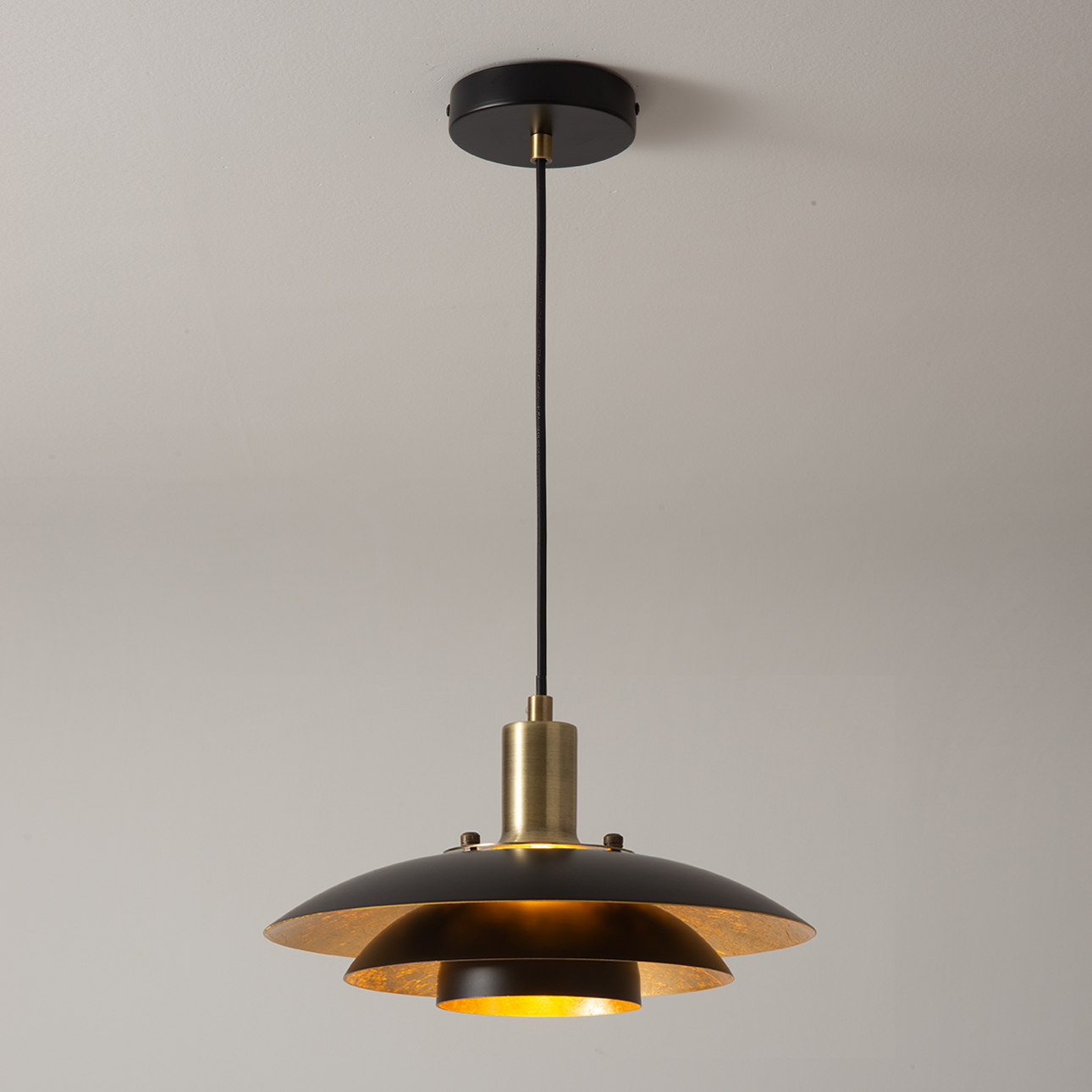 Rancho Mirage Large Pendant Light - Matte Black & Gold-Leaf Shade, Weathered Brass