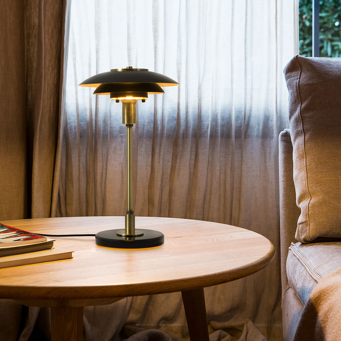 Rancho Mirage Table Lamp - Matte Black & Gold-Leaf Shade, Weathered Brass, Black Marble Base