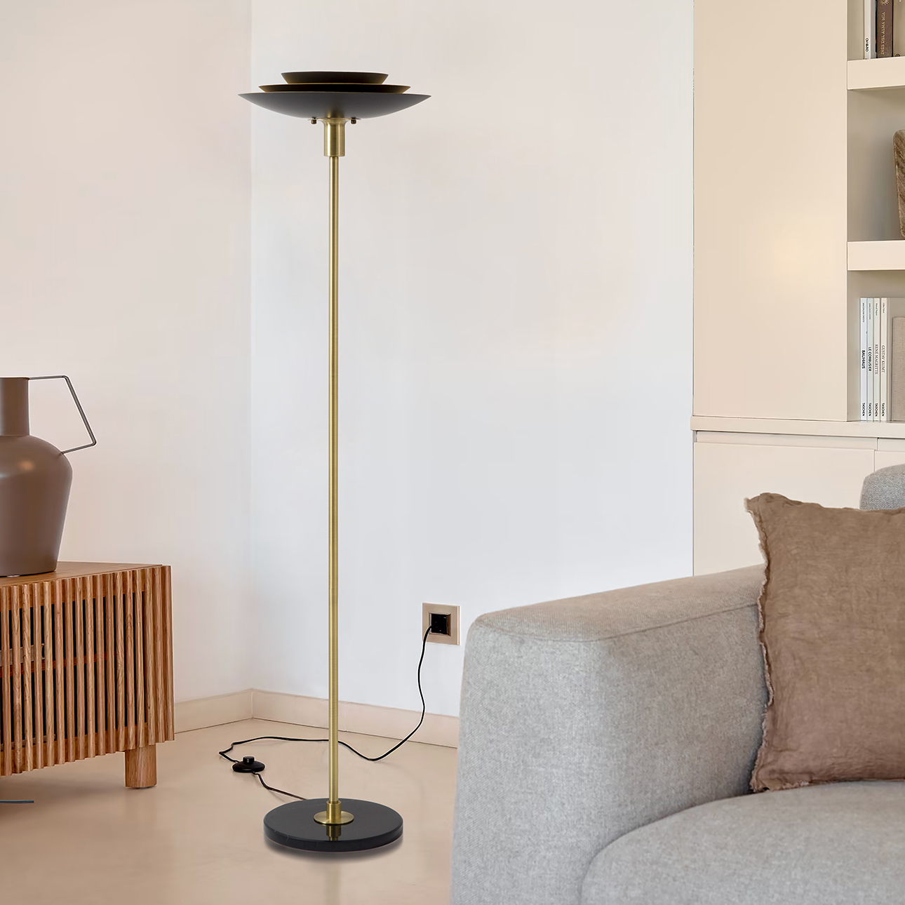 Rancho Mirage Torchiere Floor Lamp - Matte Black & Gold-Leaf Shade, Weathered Brass, Black Marble Base, Dimmer