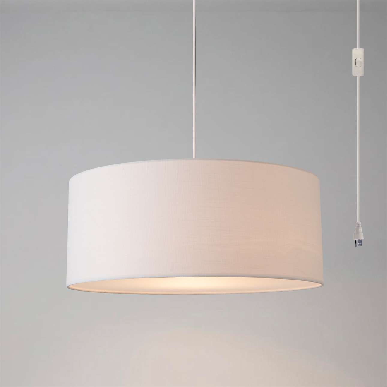Stretch Swag Lamp, 22″ White Linen Drum Shade, Satin Nickel, Dimmable
