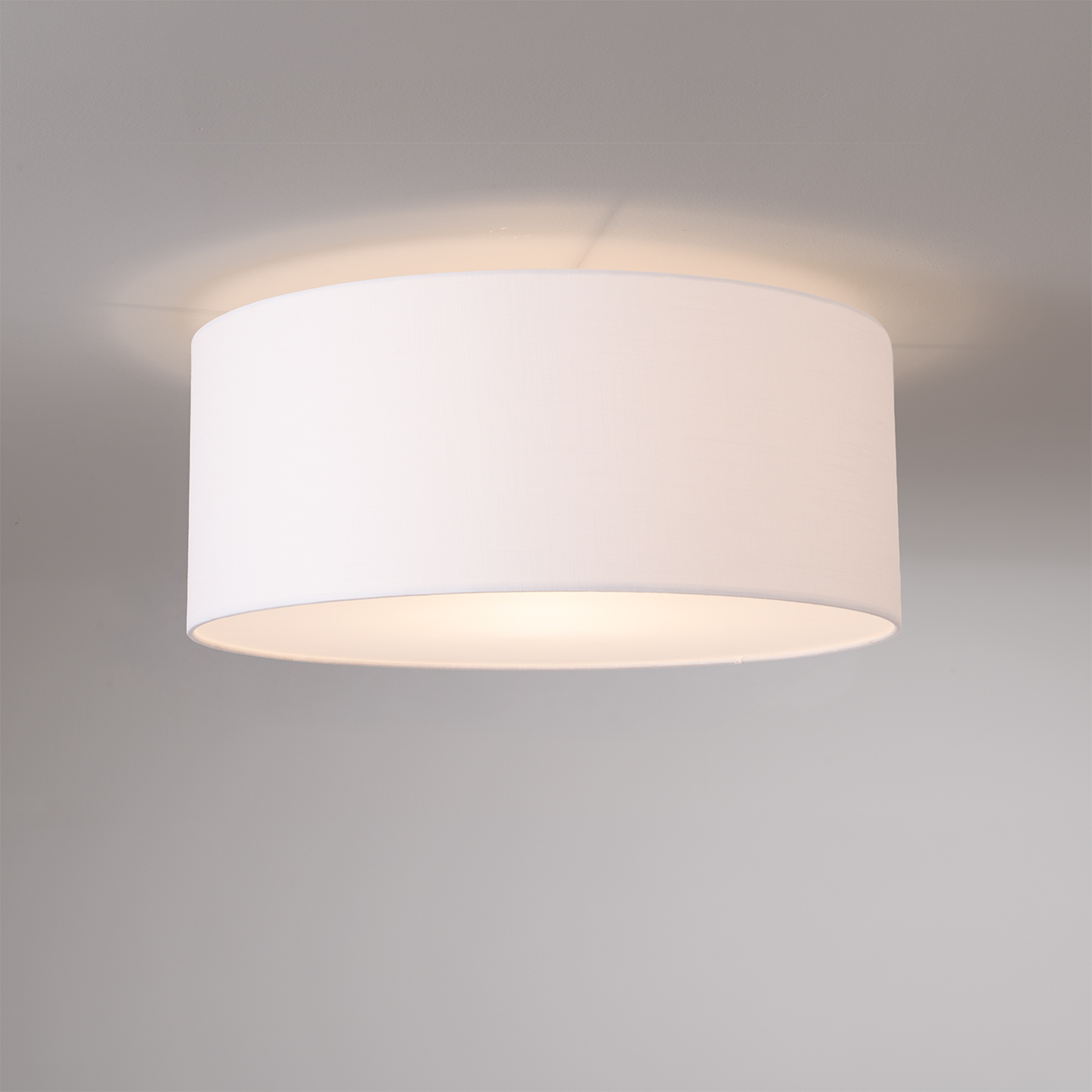 Stretch Flush Mount, 22″ White Linen Drum Shade, Satin Nickel, Dimmable