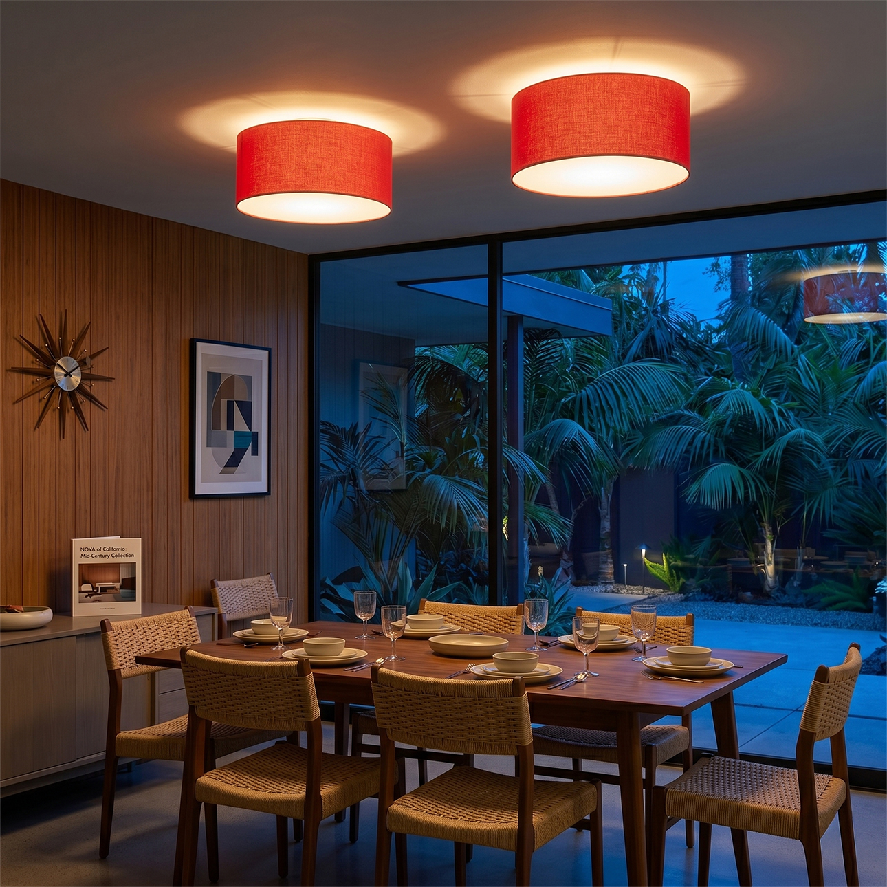 Stretch Flush Mount, Drum Crimson Red , Satin Nickel Steel Body, Satin Nickel Steel Base, Not Included ELV Dimmer