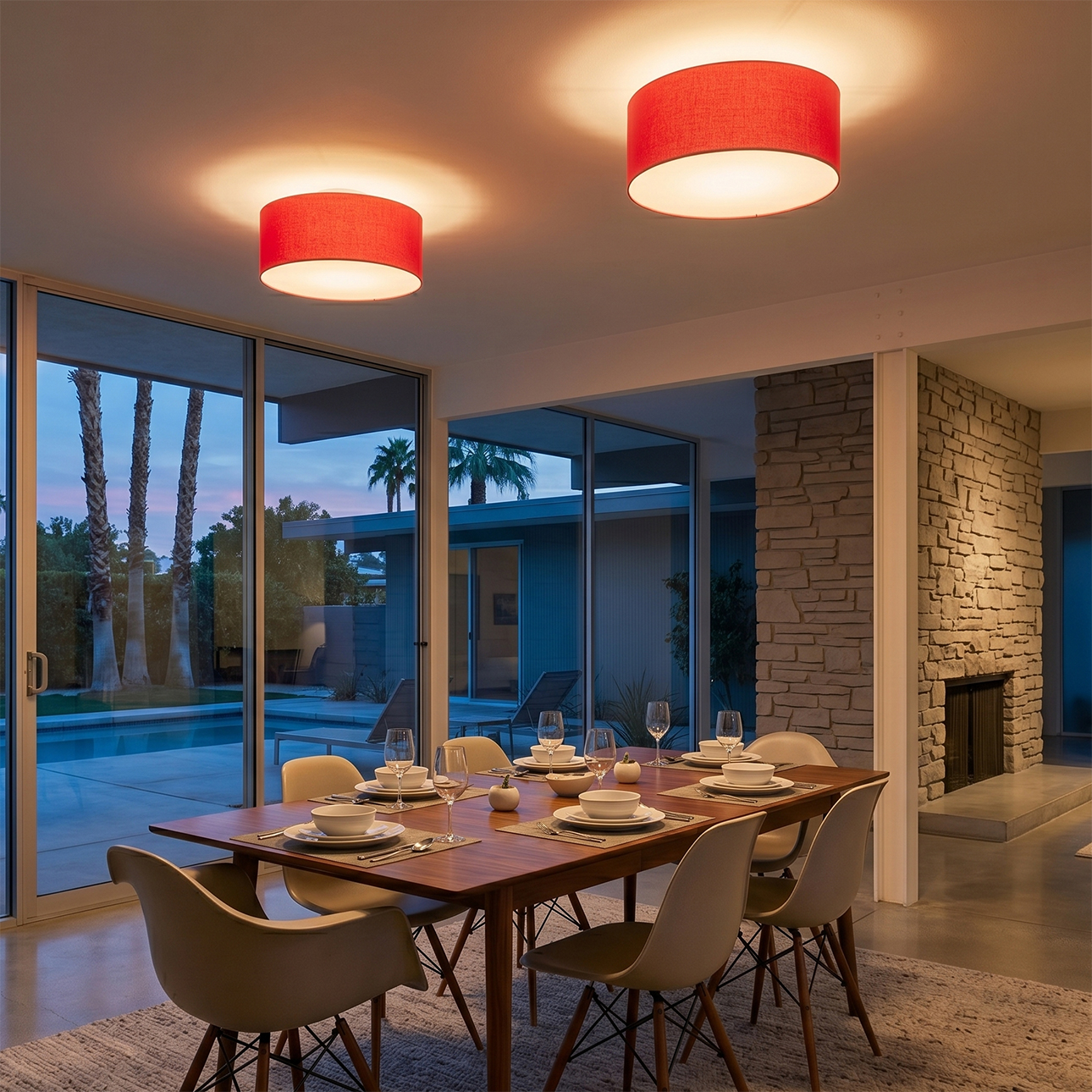 Stretch Flush Mount, Drum Crimson Red , Weathered Brass Steel Body, Weathered Brass Steel Base, Not Included ELV Dimmer