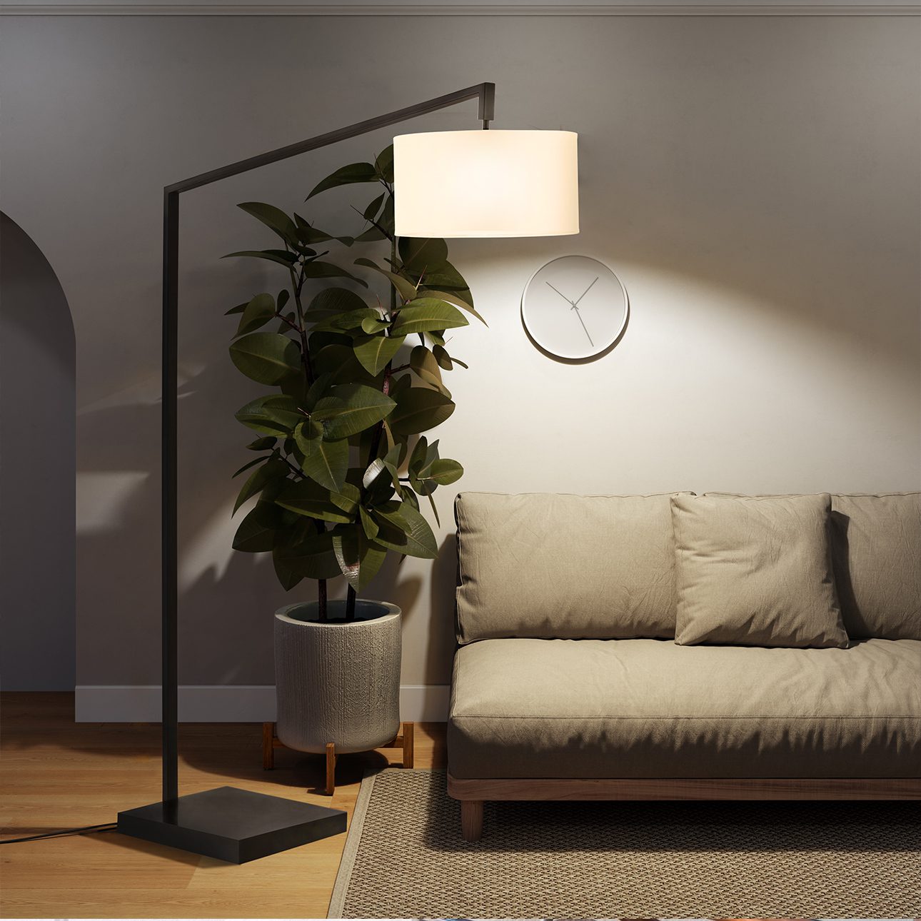 Stretch Chairside Arc Floor Lamp - 75", Matte Black, Step Switch, Rectangular composite base, White Linen Drum Shade