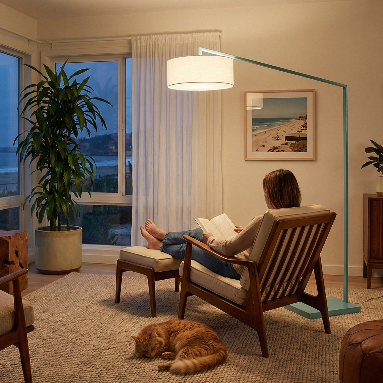 Stretch 87″H 1-Light Arc Lamp, , Pool Blue Body, Dimmable, for Living Room or Bedroom