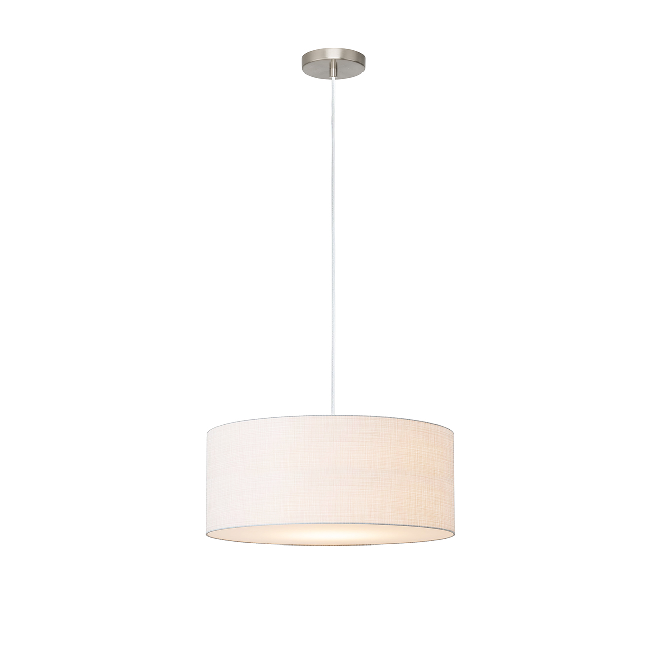 Stretch Pendant, 22" White Linen Drum Shade, Satin Nickel, Dimmable