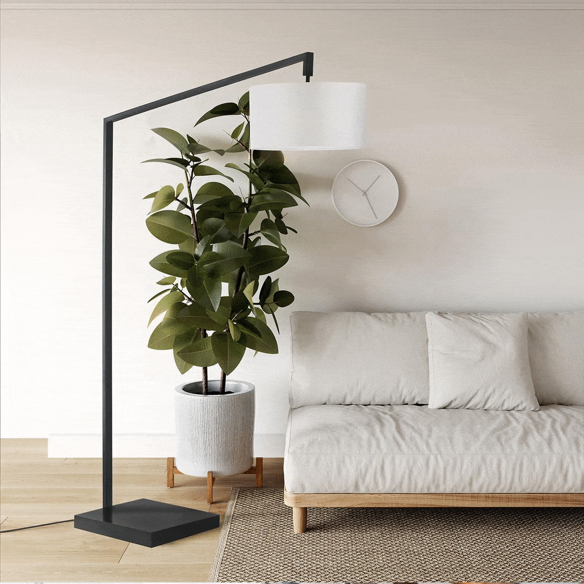 Stretch Chairside Arc Floor Lamp - 75", Matte Black, Step Switch, Rectangular composite base, White Linen Drum Shade