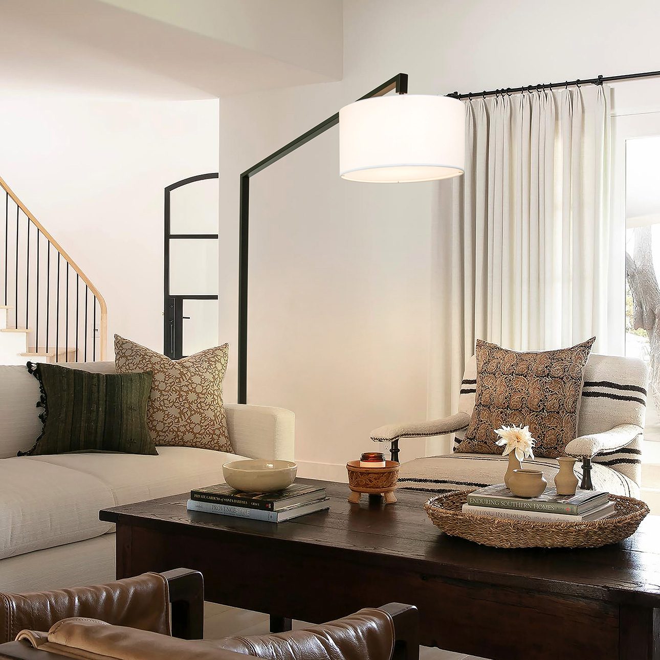 Stretch Chairside Arc Floor Lamp - 75", Matte Black, Step Switch, Rectangular composite base, White Linen Drum Shade