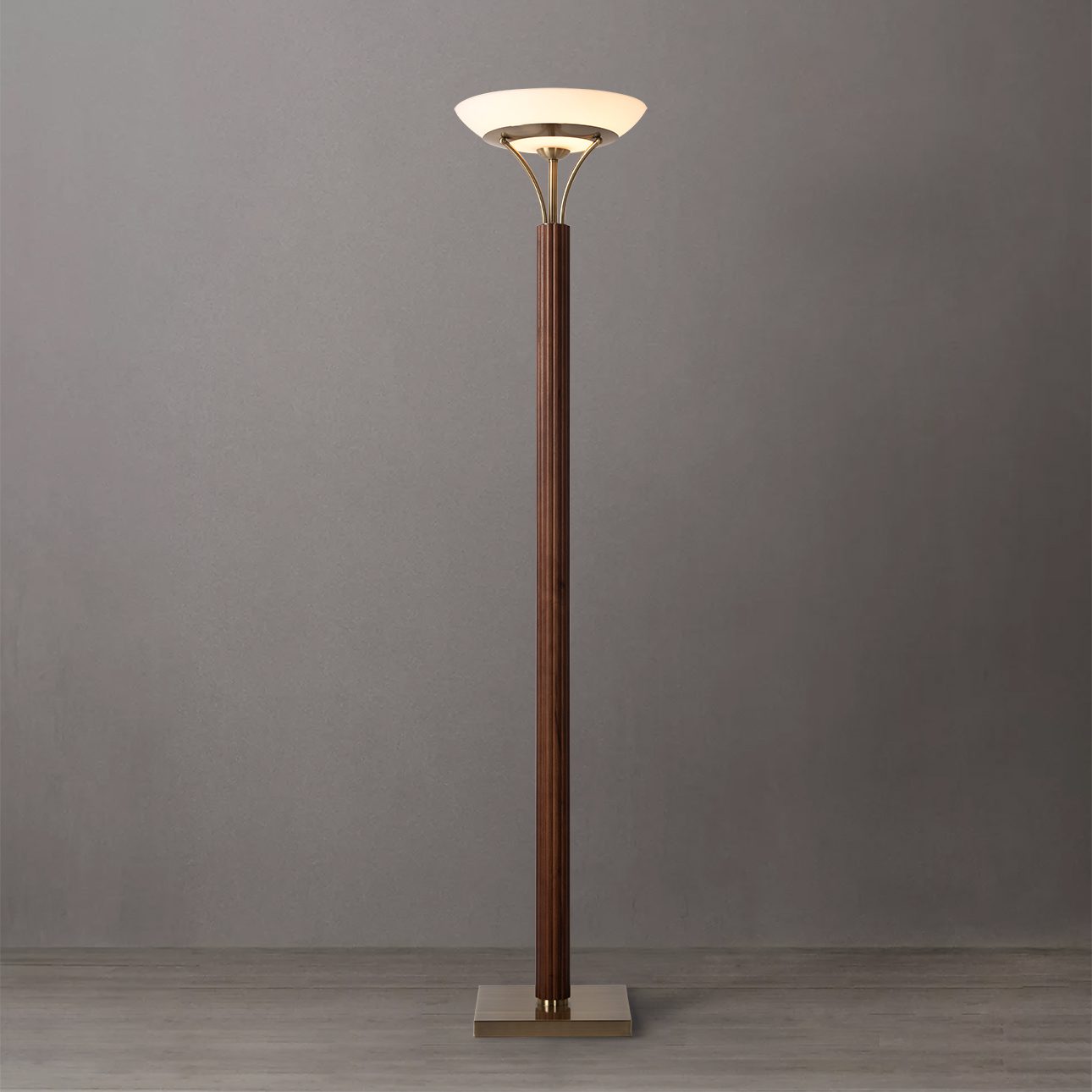 Tambo Modern Torchiere Floor Lamp in Walnut and Brass