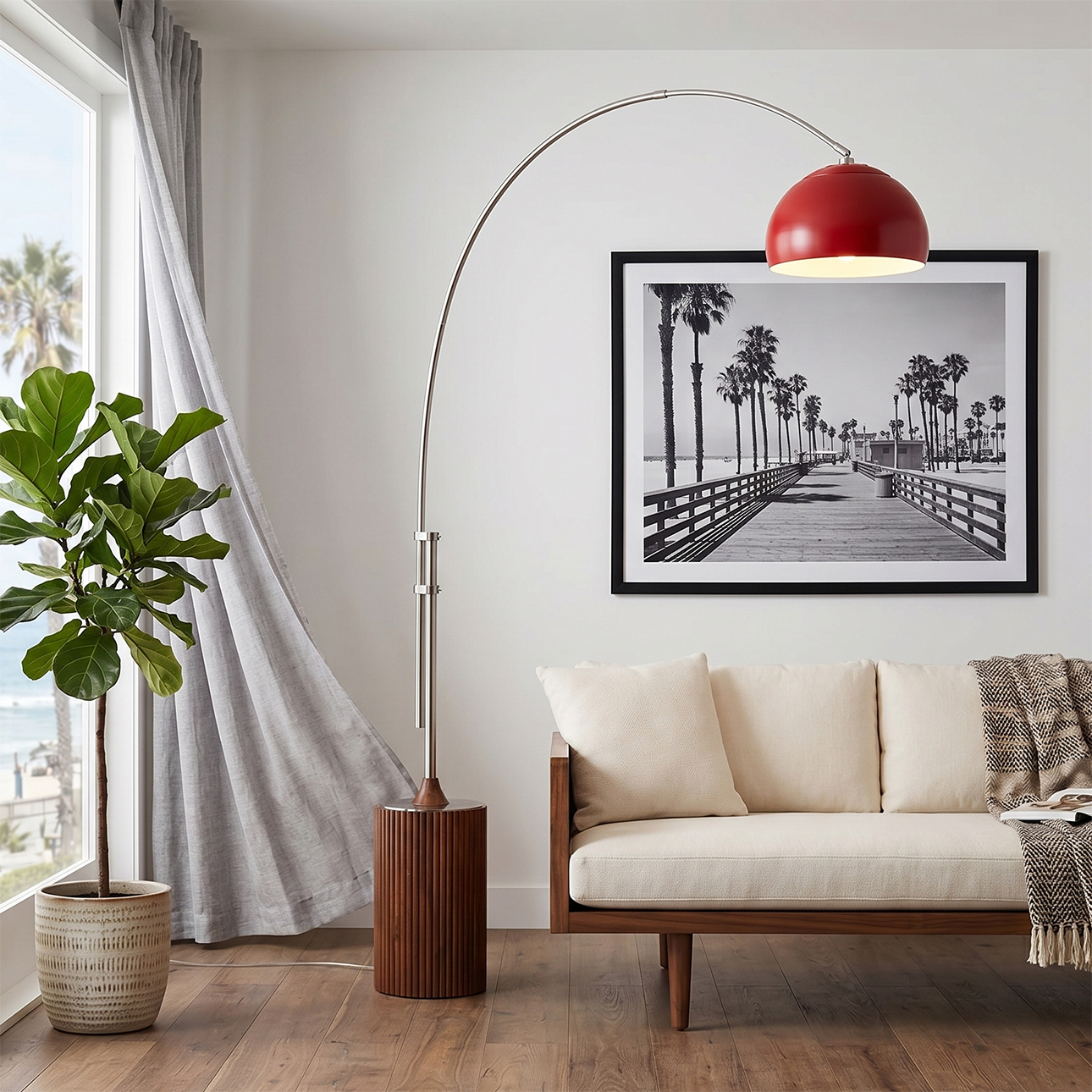 Tambo 92″H 1-Light Arc Lamp, Steel Shade, Satin Nickel Steel Body, Dark Walnut Wood Base, Floor Foot Slide Dimmer – Crimson Red