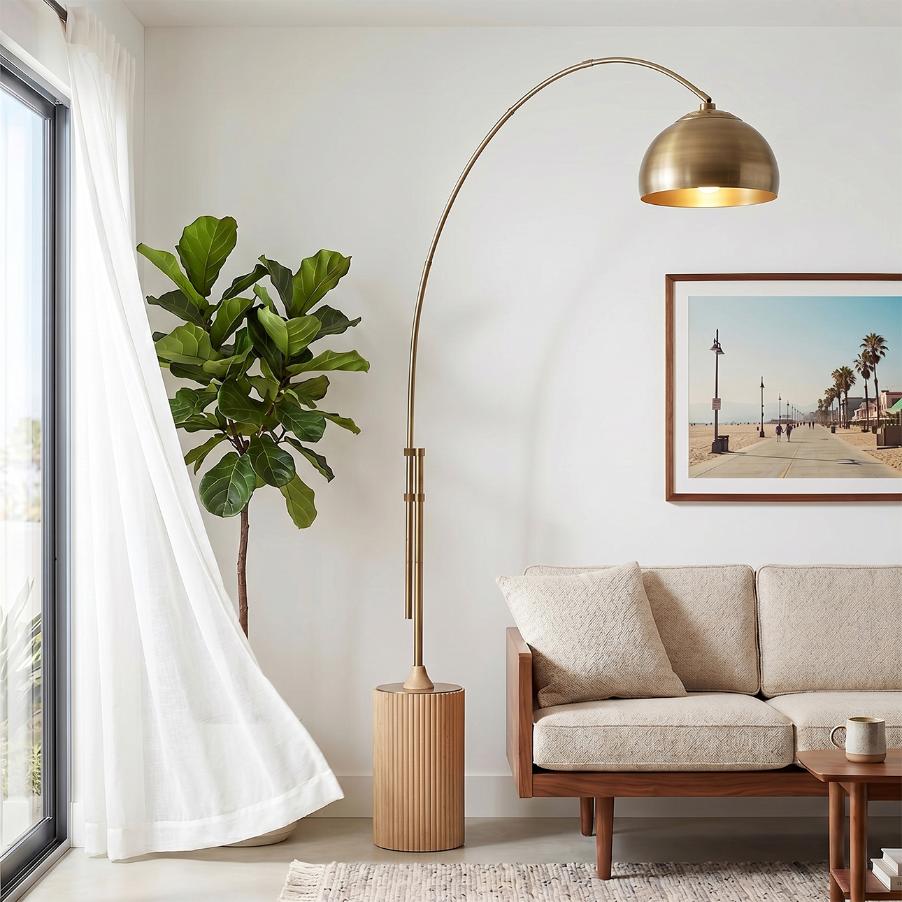 Tambo 92″H 1-Light Arc Lamp, Weathered Brass Steel Shade, Weathered Brass Steel Body, Natural Ash Wood Base, Floor Foot Slide Dimmer