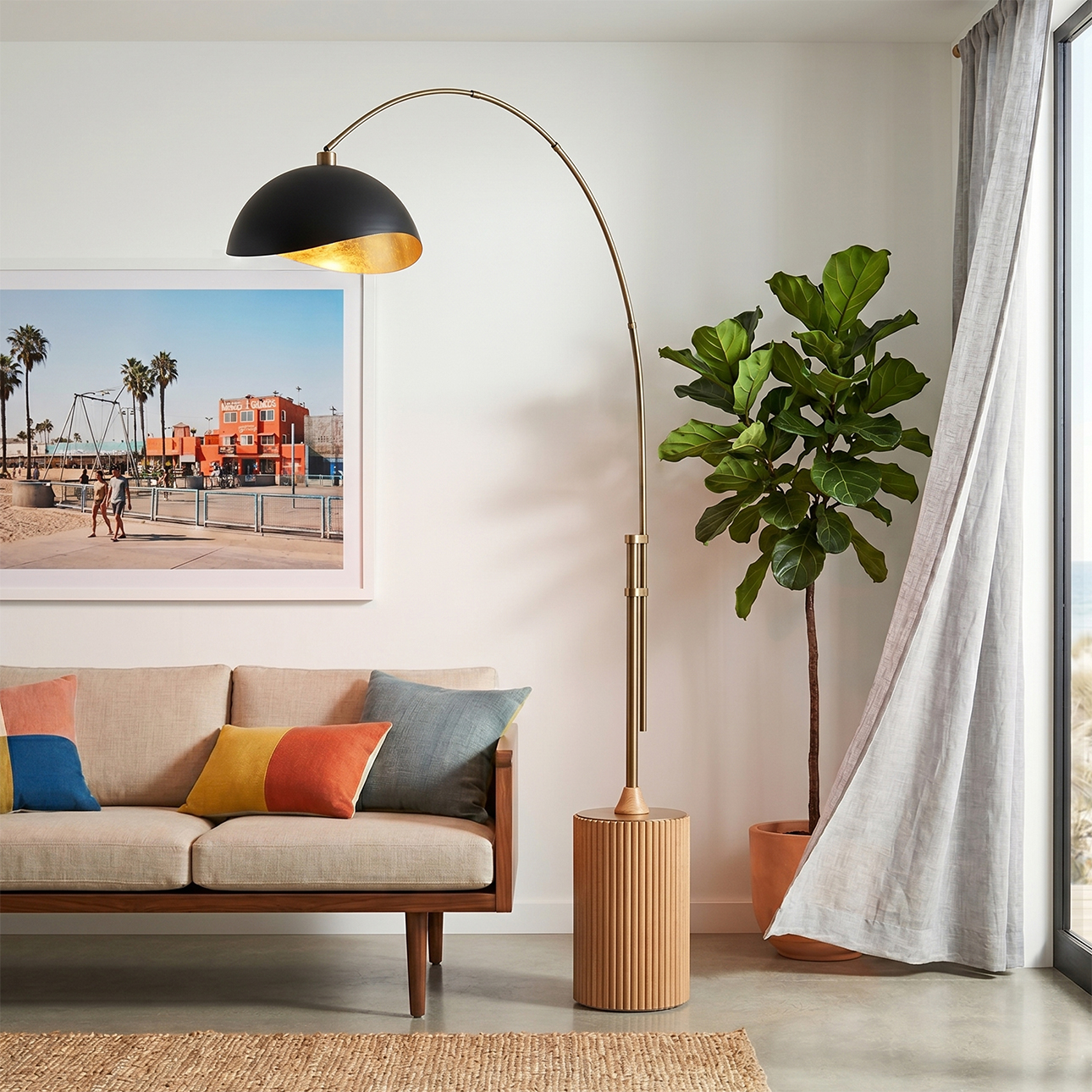 Tambo 92″H 1-Light Arc Lamp, Weathered Brass Steel Body, Natural Ash Wood Base, Floor Foot Slide Dimmer
