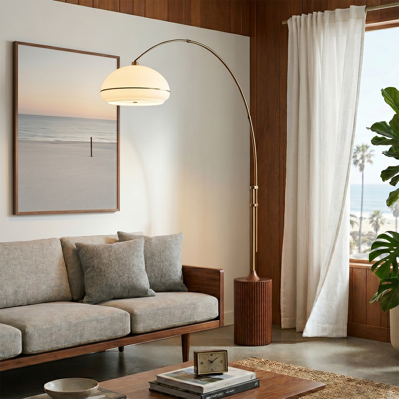 Tambo 92″H 1-Light Arc Lamp, White Lucite Shade, Weathered Brass Steel Body, Dark Walnut Wood Base, Floor Foot Slide Dimmer