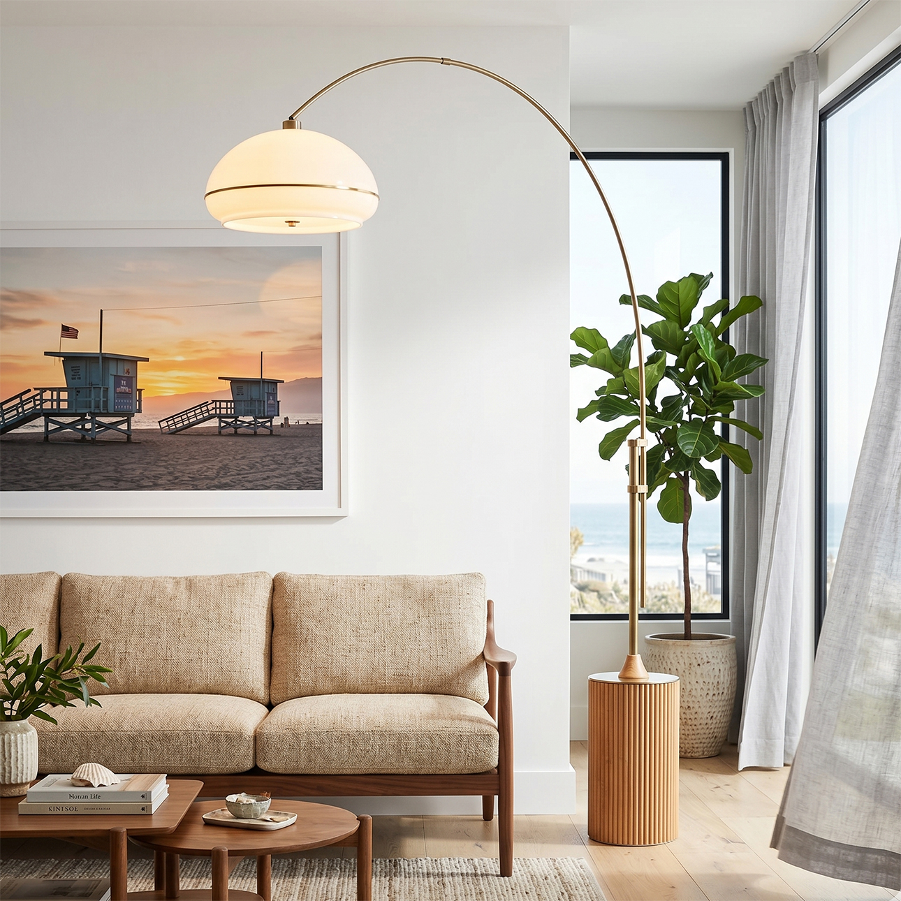 Tambo 92″H 1-Light Arc Lamp, Weathered Brass Lucite Shade, Weathered Brass Steel Body, Natural Ash Wood Base, Floor Foot Slide Dimmer