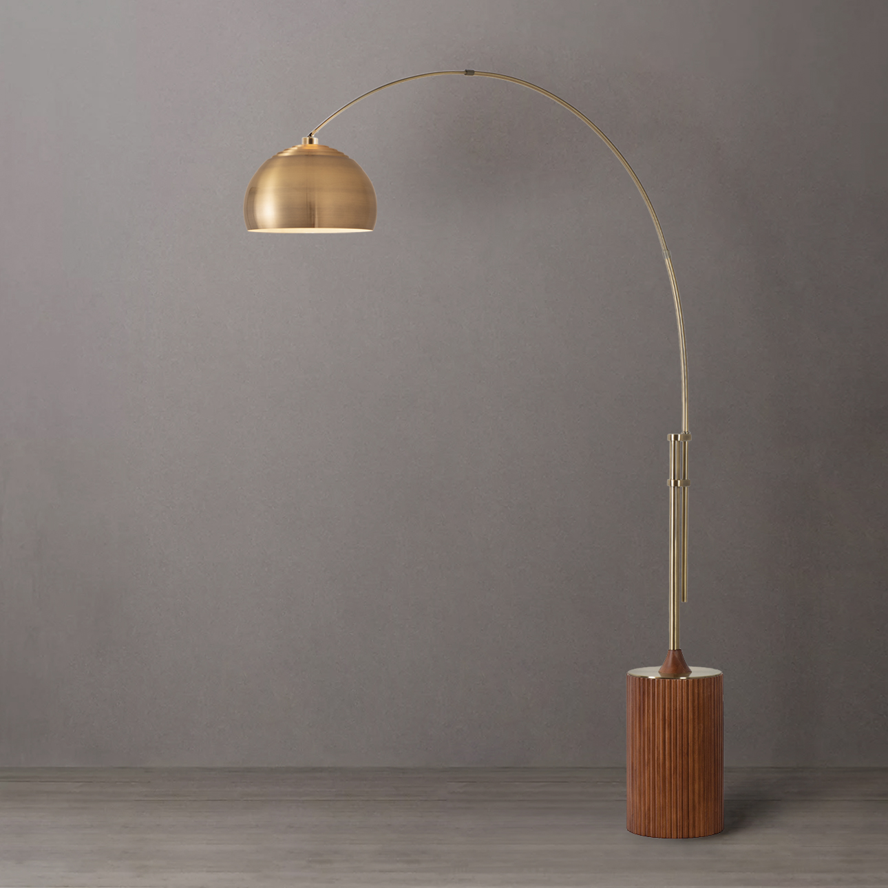 Tambo 92″H 1-Light Arc Lamp, Weathered Brass Steel Shade, Weathered Brass Steel Body, Dark Walnut Wood Base, Floor Foot Slide Dimmer