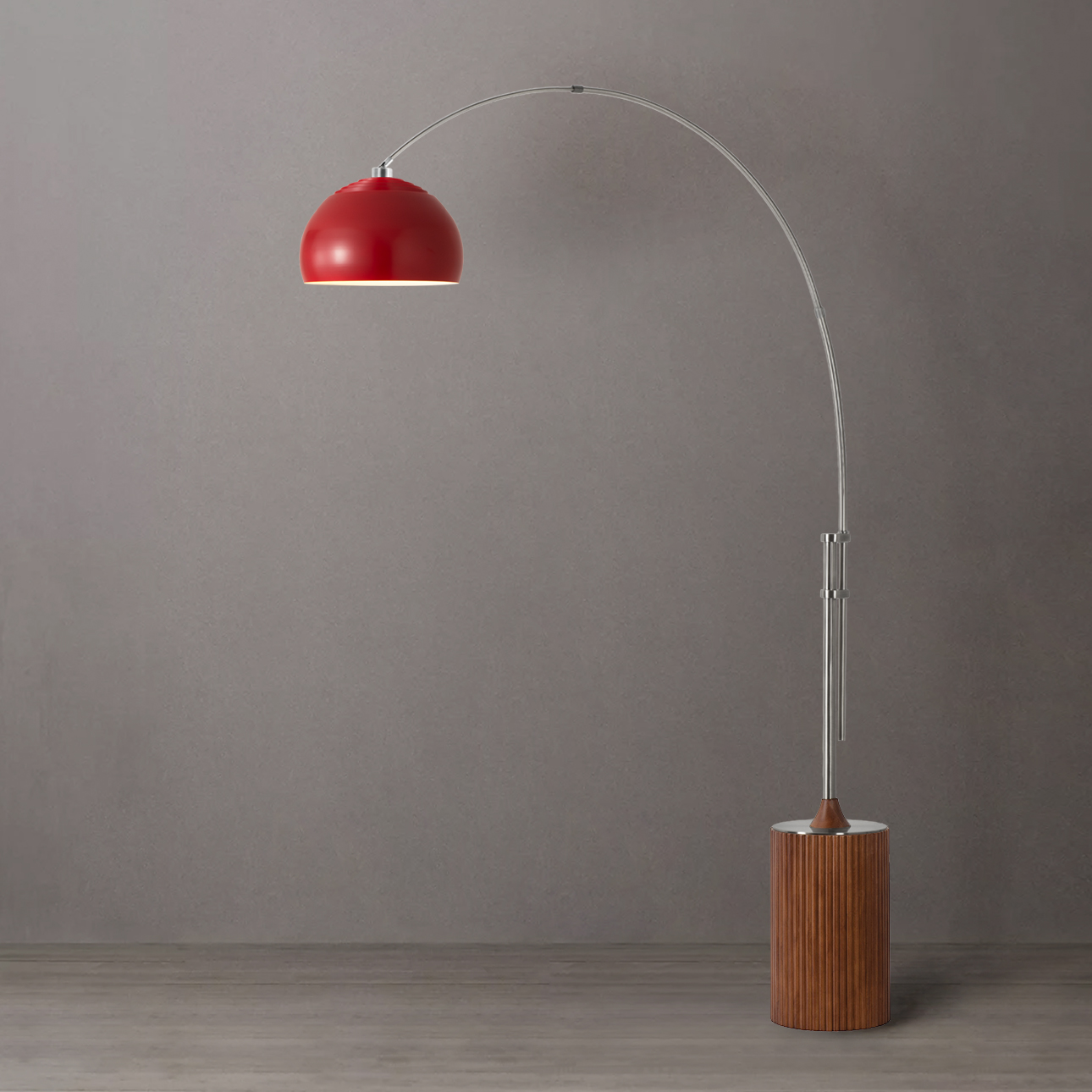 Tambo 92″H 1-Light Arc Lamp, Steel Shade, Satin Nickel Steel Body, Dark Walnut Wood Base, Floor Foot Slide Dimmer – Crimson Red